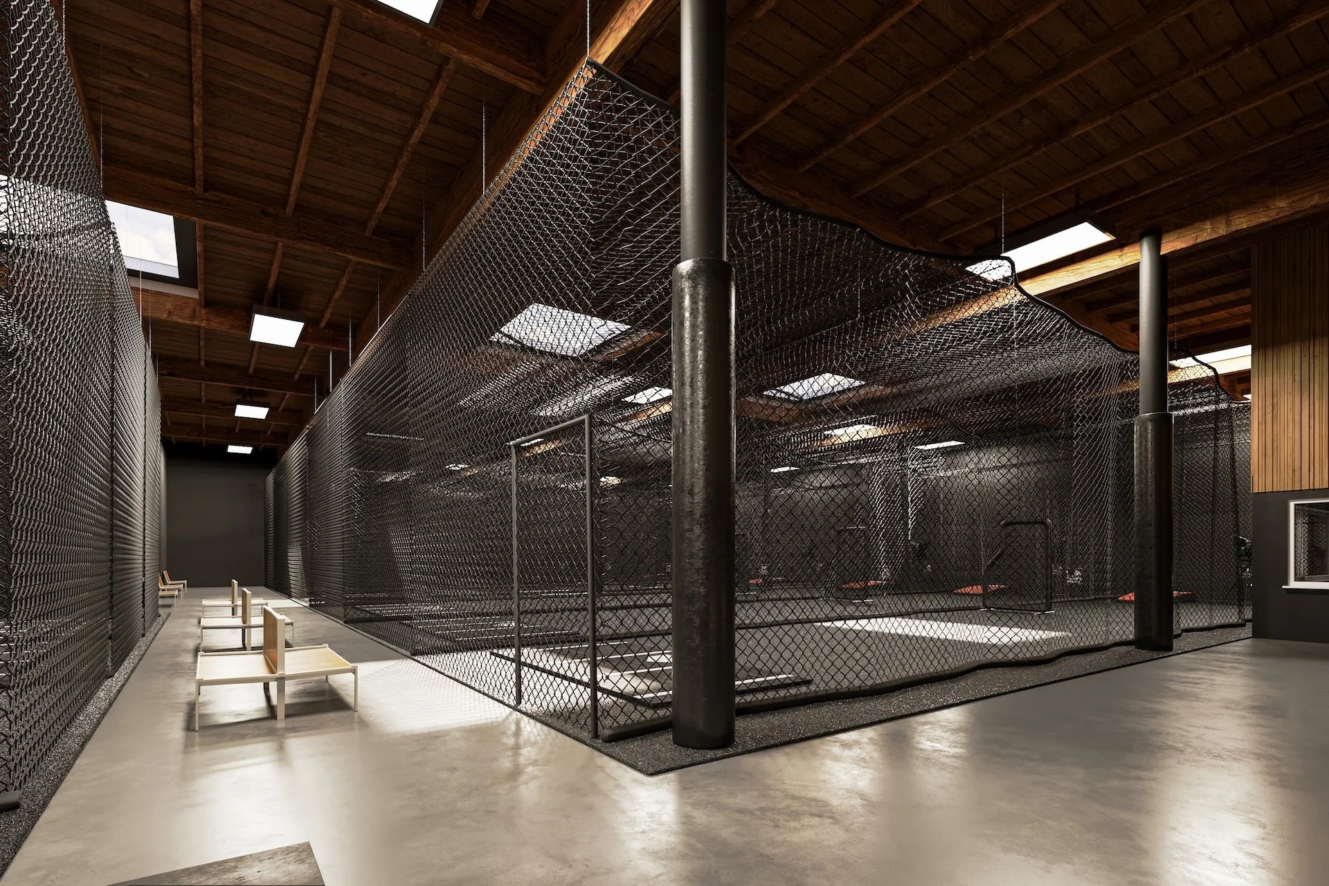 Photo real render of the cage area from the walkway.