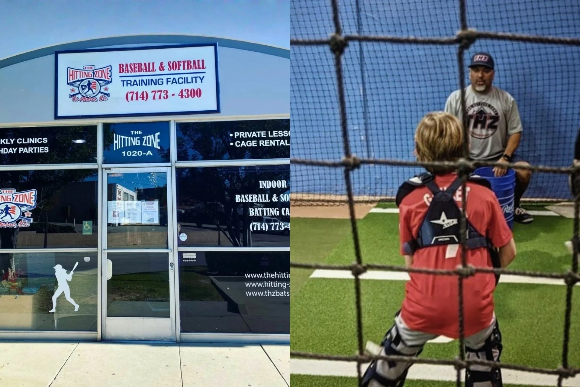 Photos of The Hitting Zone Training Facility. The B side of this dual photo is of an instructor passing a ball to a young catching in training inside the facility