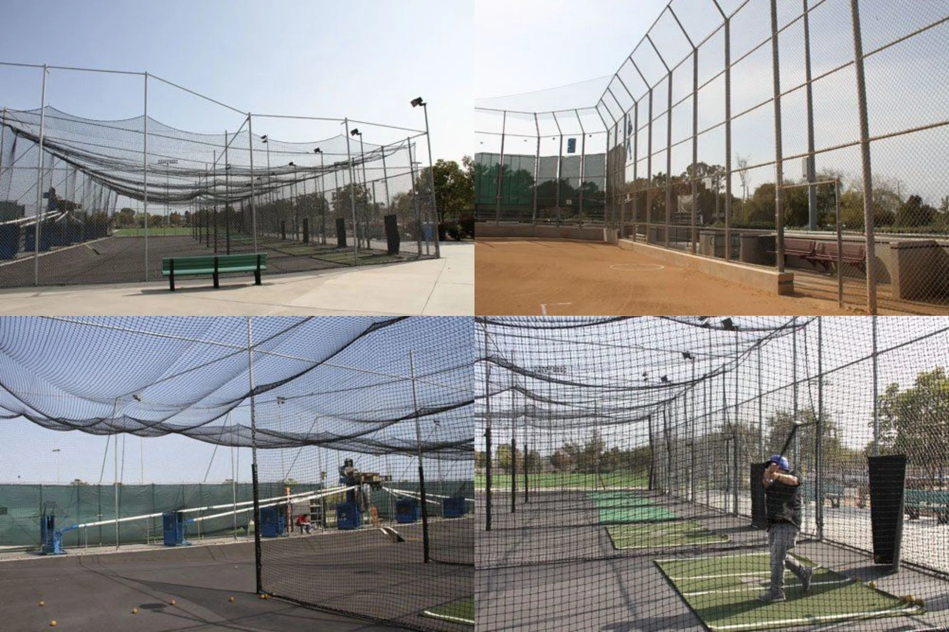 4 photos of the Sports Complex. We have exterior shot of a row of netted cages, the corner of a baseball field, inside another netted section, last shot is of a player swinging inside of the netted cage lanes