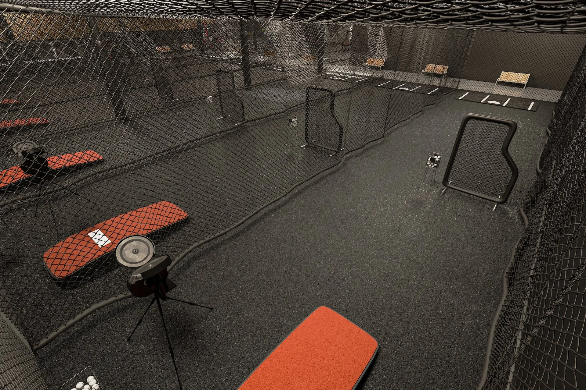 Inside one of nine oversized batting cage lanes. Each lane runs 70 feet long and 15 feet wide — roughly 40% larger than a standard indoor cage.