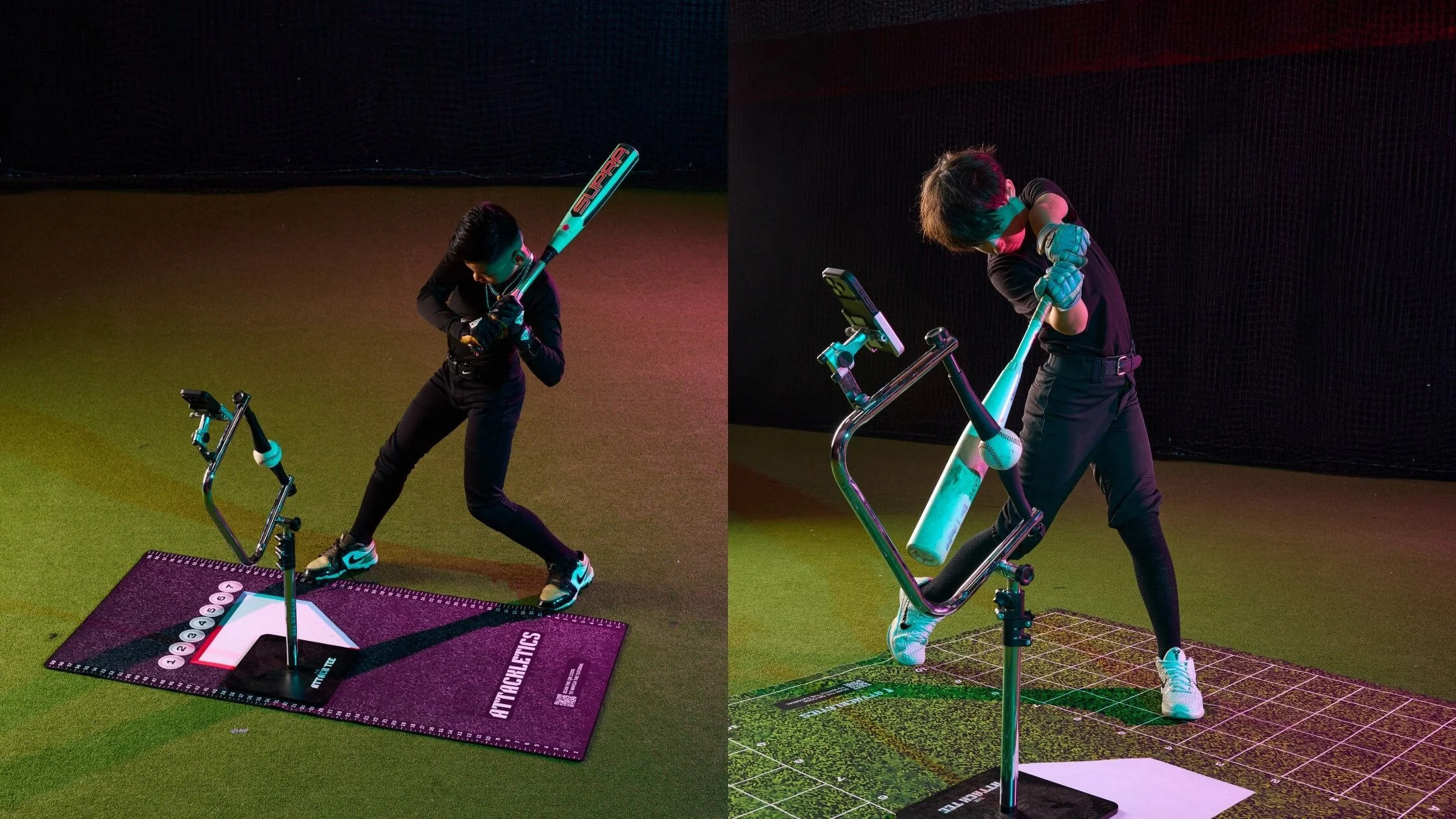 Dual Photos of the Attack Tee in action at On Deck Batting Cages