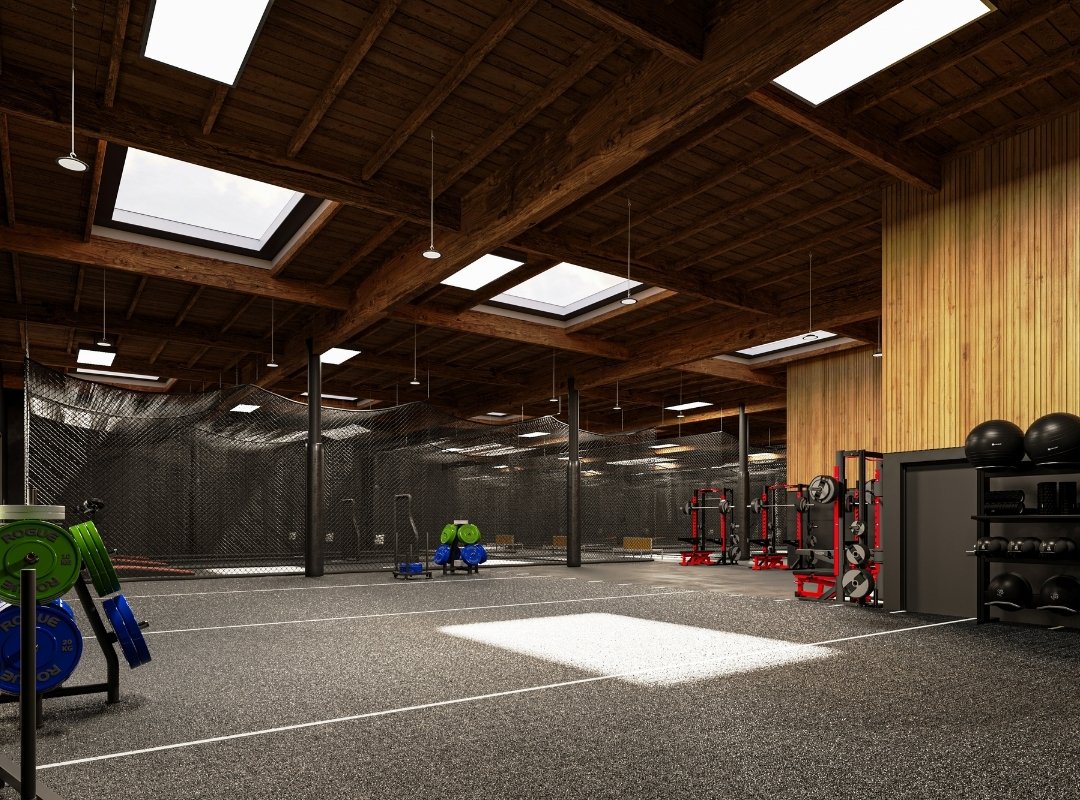 Render of our brand new facility in Huntington Beach, California. This is a corner shot from our training area that looks out to the netted cages