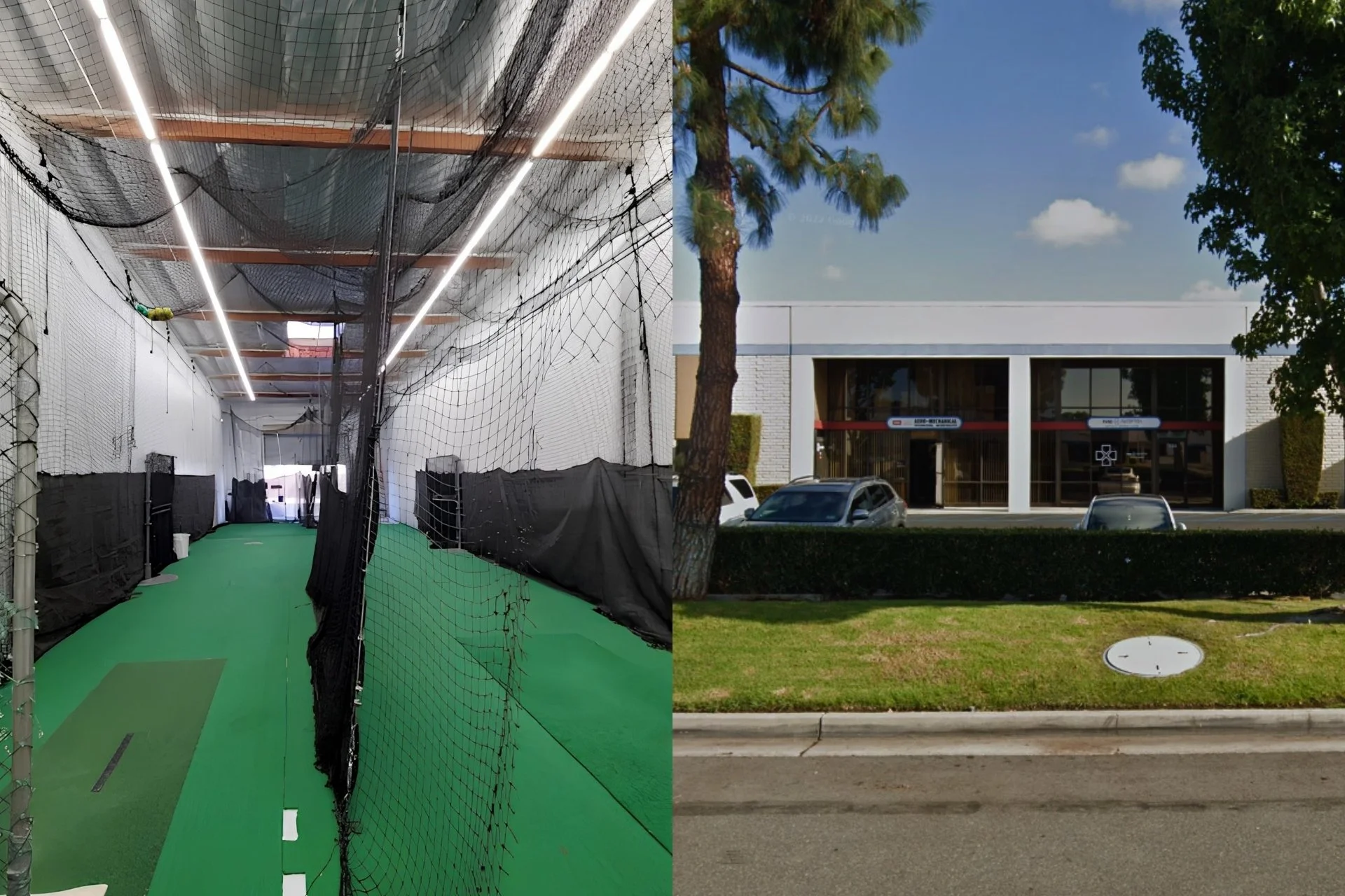 Shots of a cage lane and exterior front entrance of Pure Fastpitch in Huntington Beach, CA