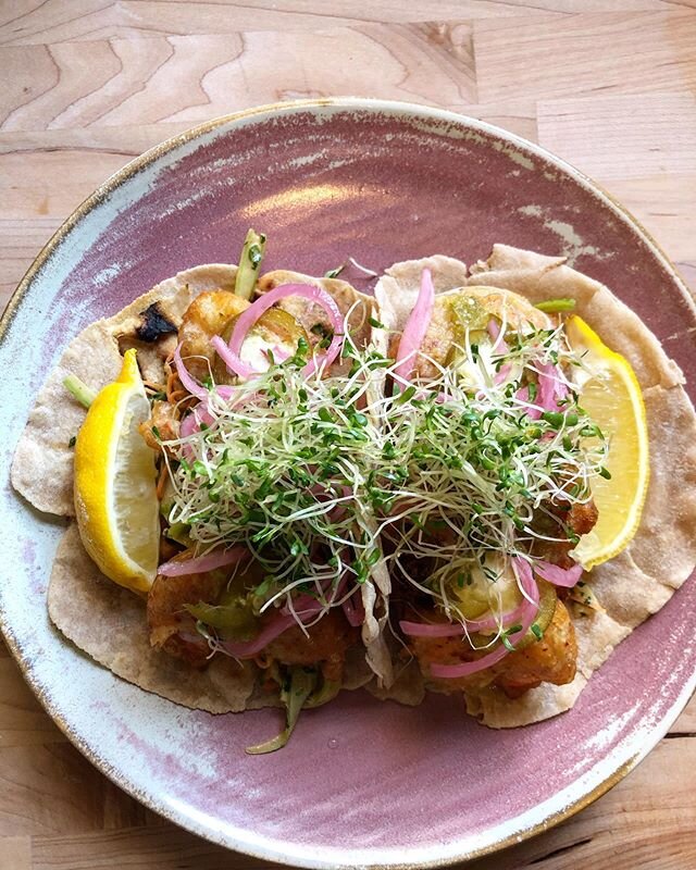 @stonebrewing beer battered shrimp tacos | shaved celery and carrot slaw | kiwi pineapple fermented green salsa | pickled onions and jalapeños | fresh @haydenflourmills white Sonora wheat tortillas | radish sprouts | #hags2020 #tacoseveryday #selvas