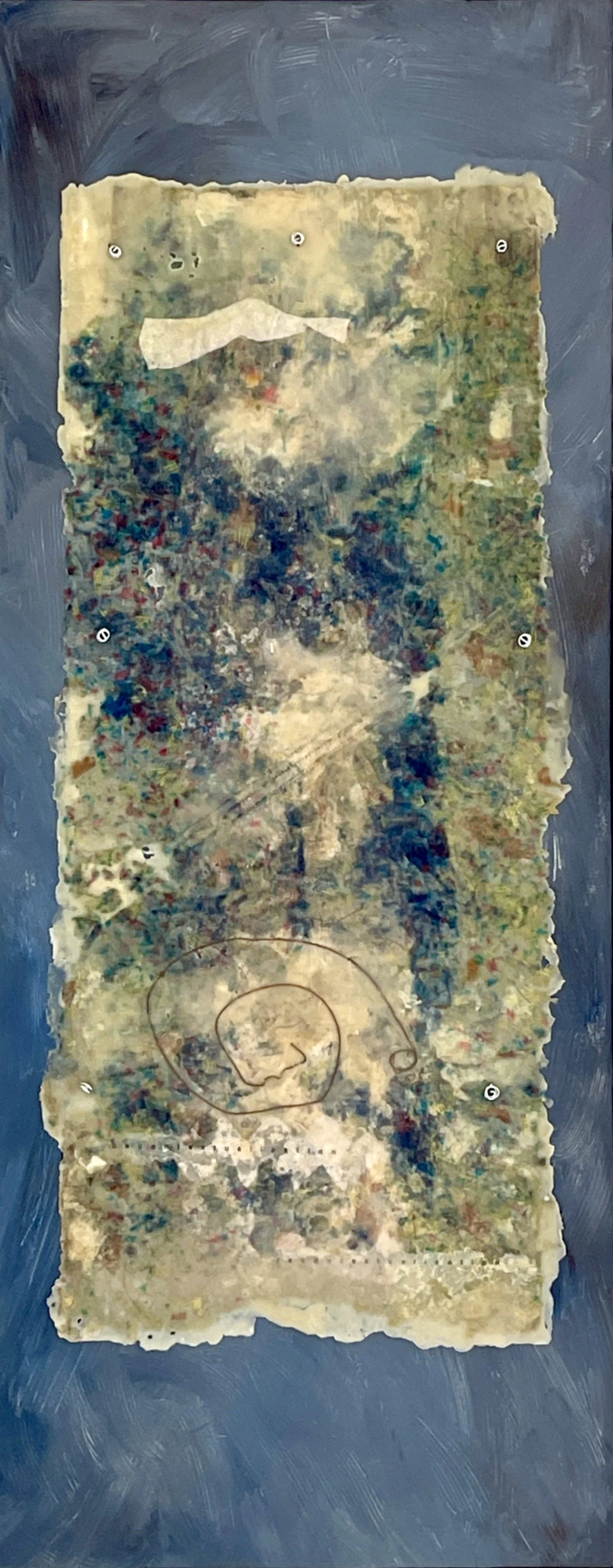 Decontextualization. Recontextualization. Beeswax, polycrystalline wax, handmade paper, and organic elements mounted on acrylic-painted canvas. Image - 12" x 36" on 16"x48" canvas.