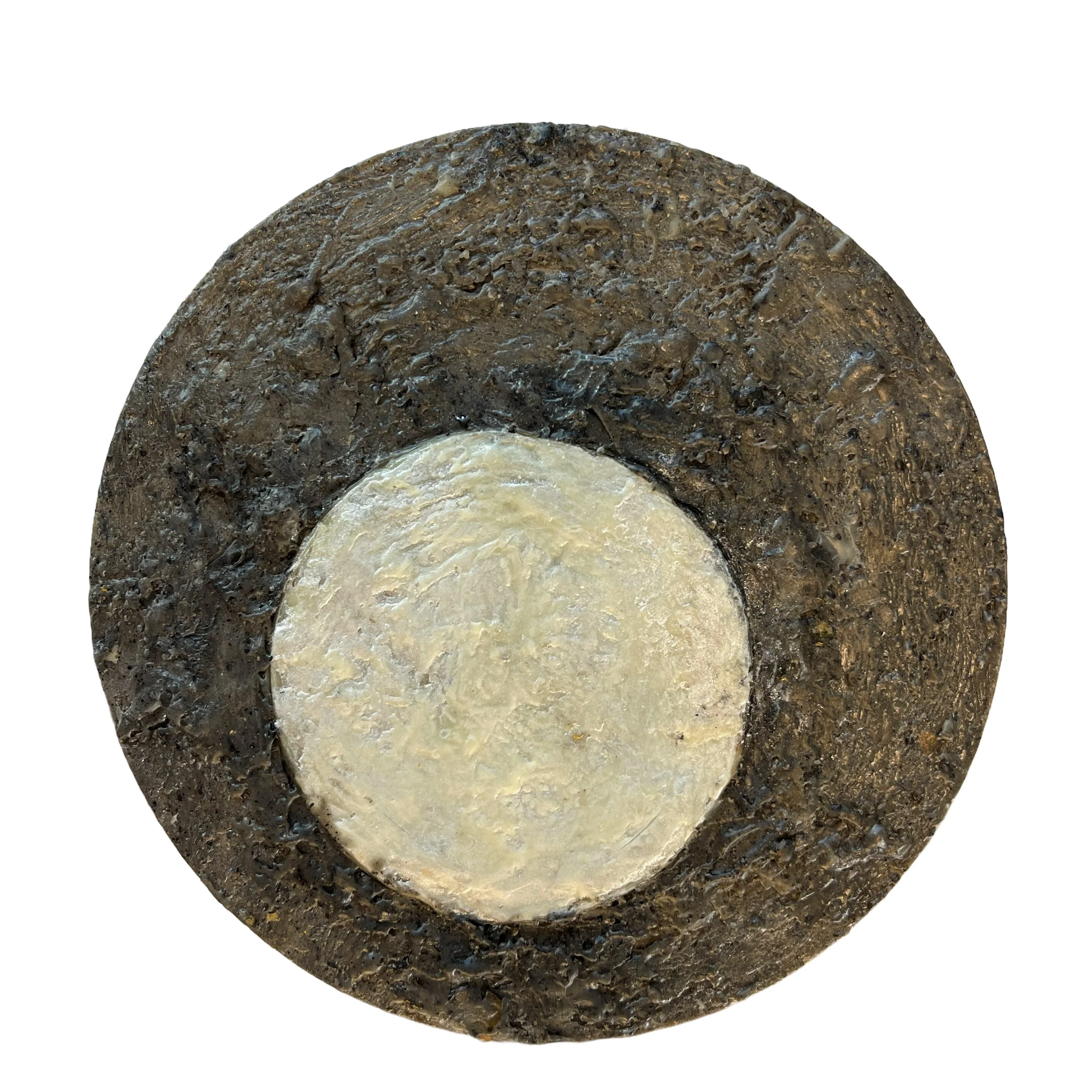 Circles .  Maquette . Encaustic, building ash, beeswax, polycrystalline wax, on 12" aluminum