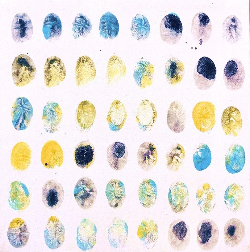 We Are Here . Fingerprints, acrylic, and ashes, on gallery wrapped canvas 10"x10"x1.5"