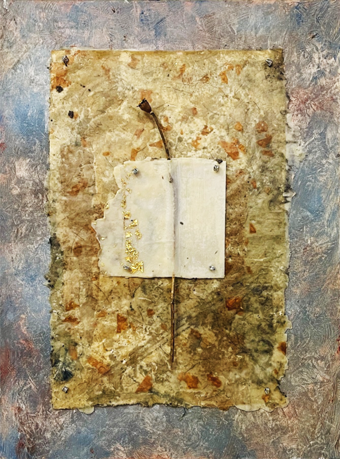 History Never Dies . Poppy, Rice Paper, Gold Leaf on Recycled Paper, Horse Hair, Damar Varnish, and Bees Wax and Polycrystalline Wax on Canvas, secured by wire. 16"x20"x1.5"
