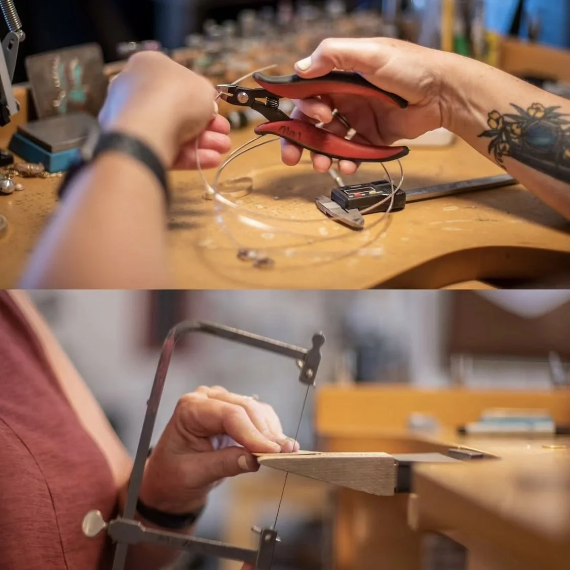 Images of sSylvie Alusitz using pliers and a frame saw to create jewelry
