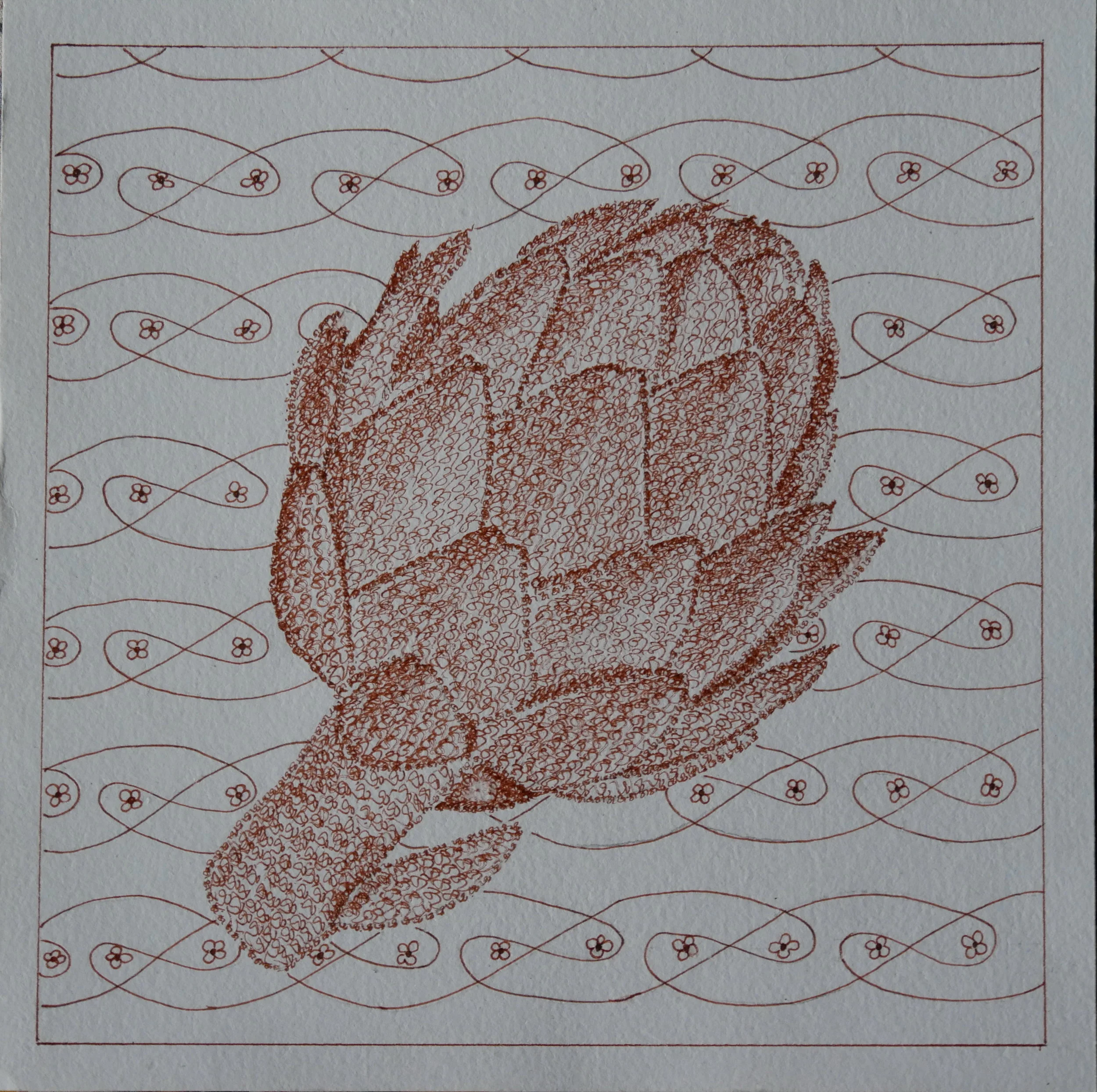  Leaning artichoke, ink on paper 20x20cm, 8x8 inches. 