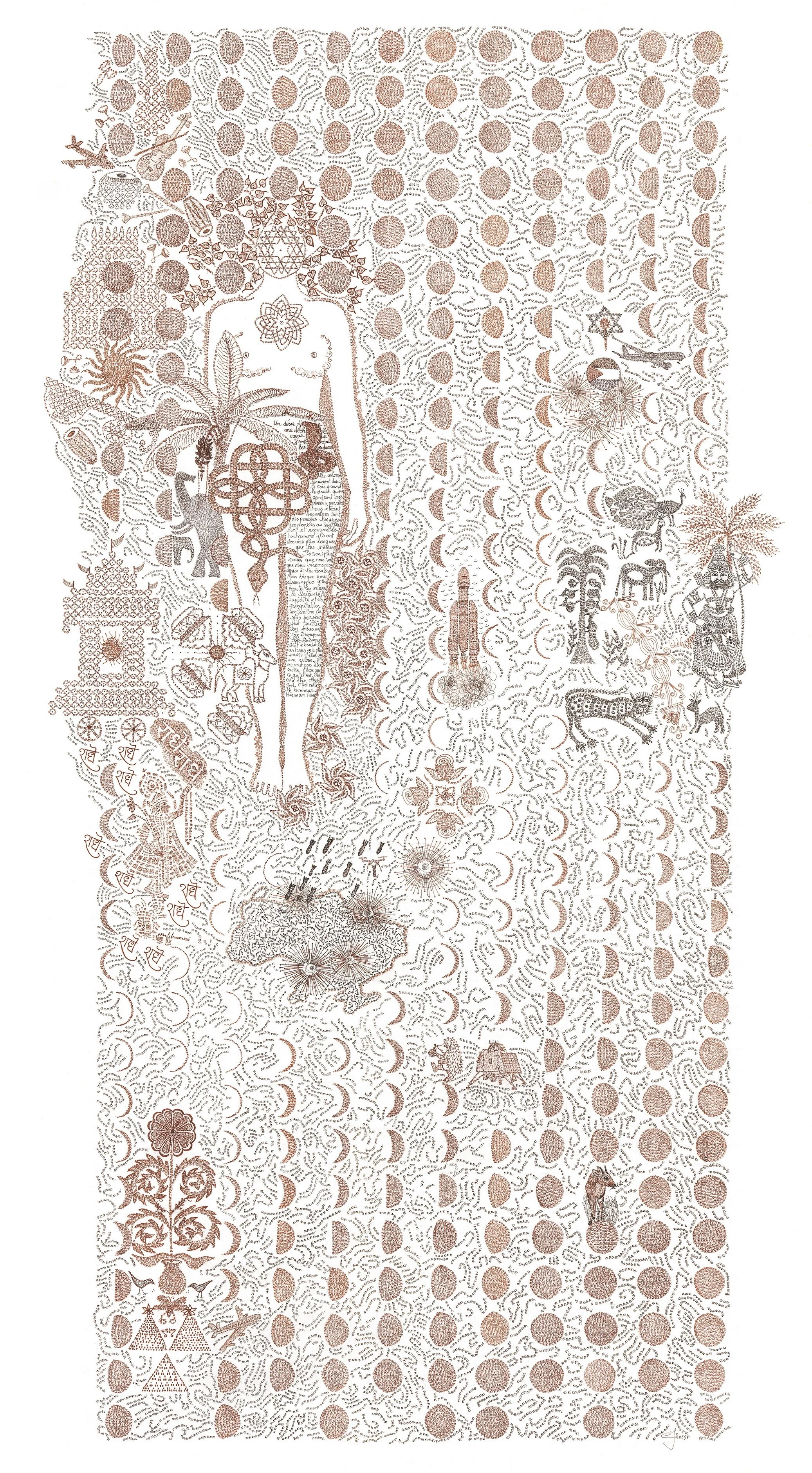  Moon calendar 2023. Ink on rice paper, 142x66 cm, 56x26in.  Travelling to  Tamil-Nadu ,  Vrindavan ,  Odisha , and  Kerala  