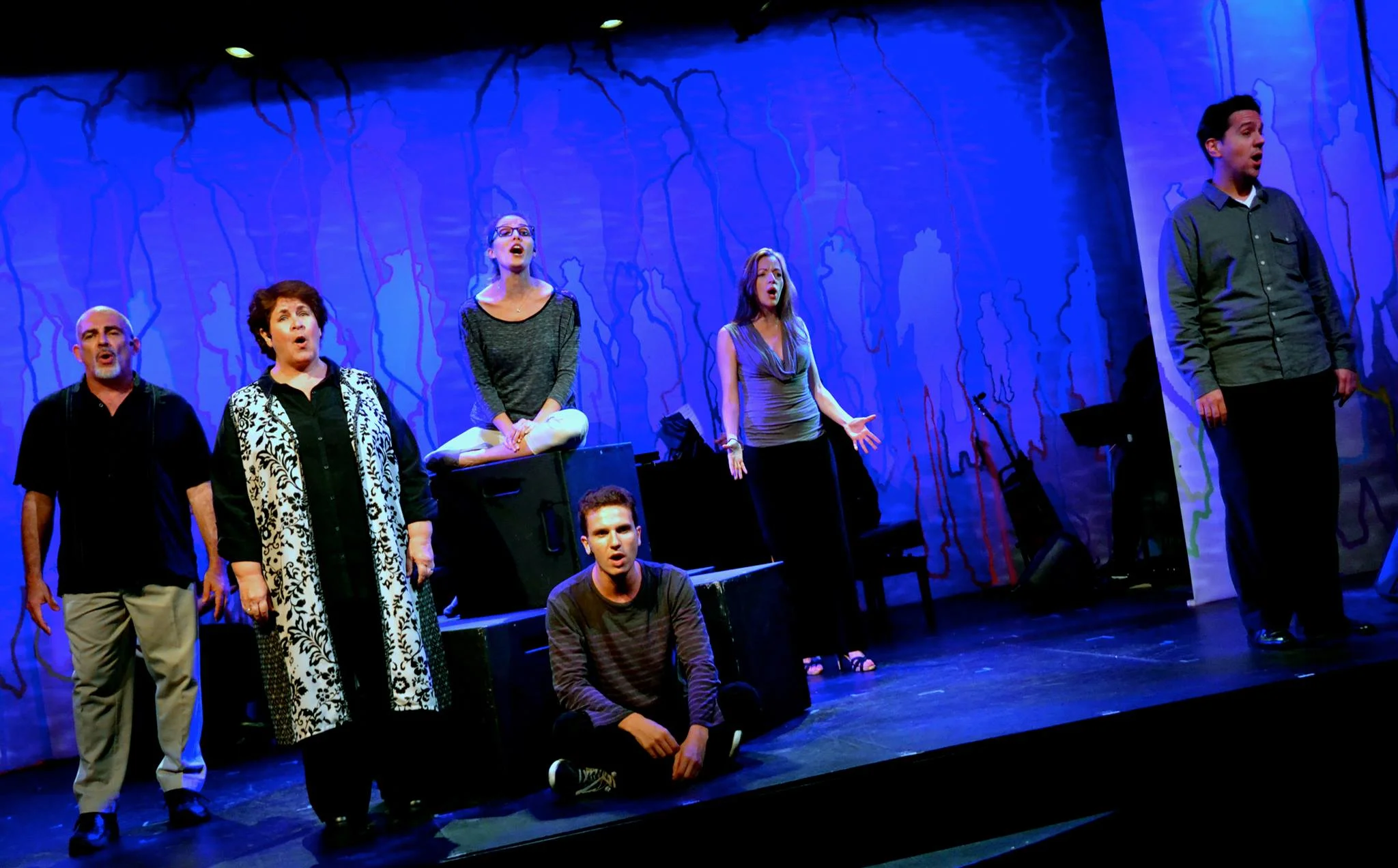 The cast of the 2013 Arts Garage production: John Herrera, Elizabeth Dimon, Alix Paige Loomis, Noah Zachary, Liz Lark Brown, Henry Gainza