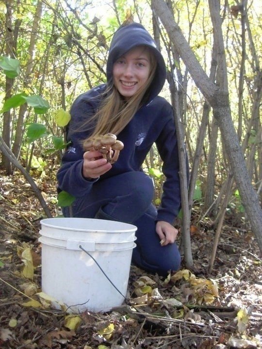 Kaitlin picking pidpenky (honey mushrooms) in her parents’ yard in university vs. now. 