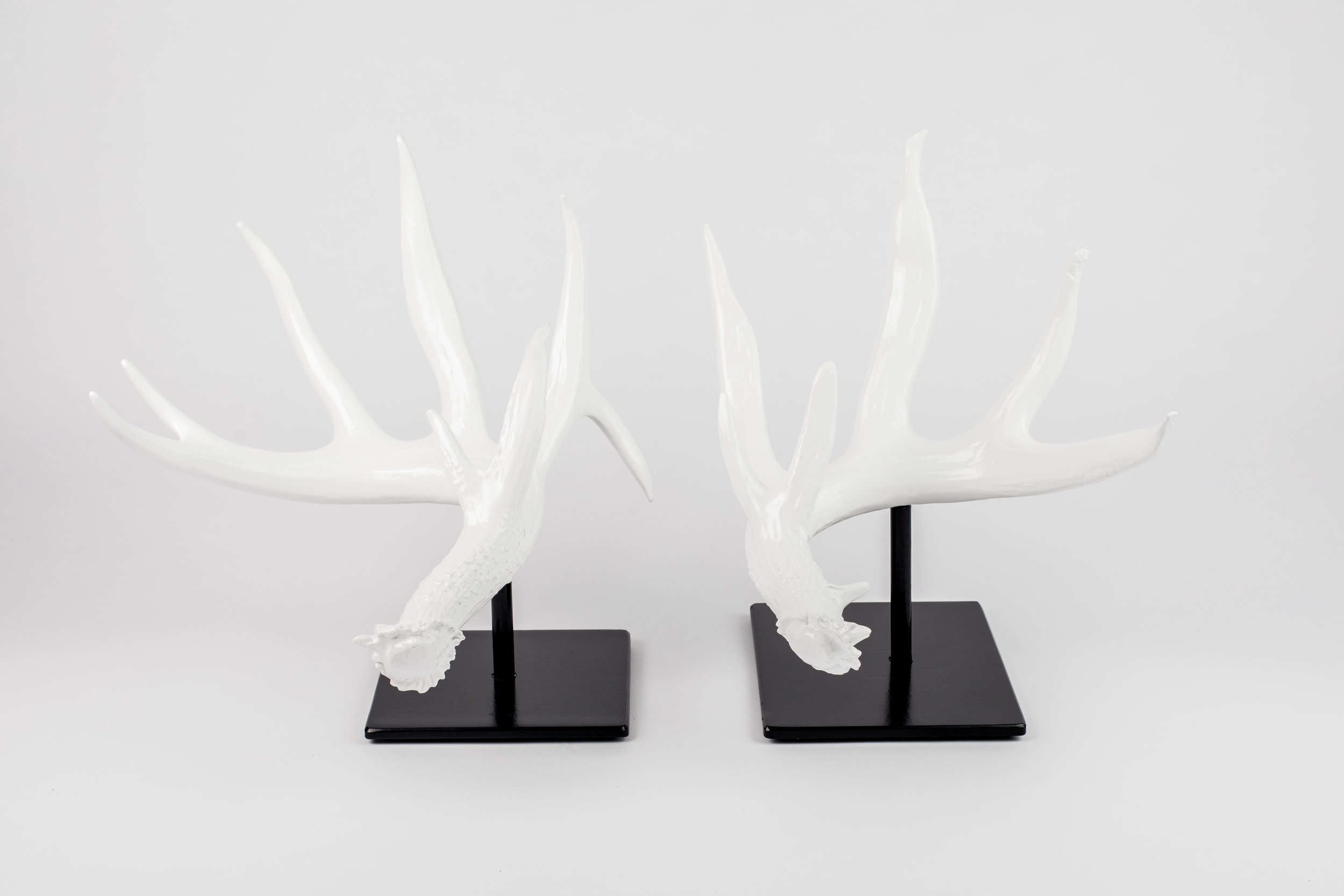 Rare match set of replica Canadian Whitetail deer shed antlers in Recycled American Bronze in White Gloss Powder Coat finish