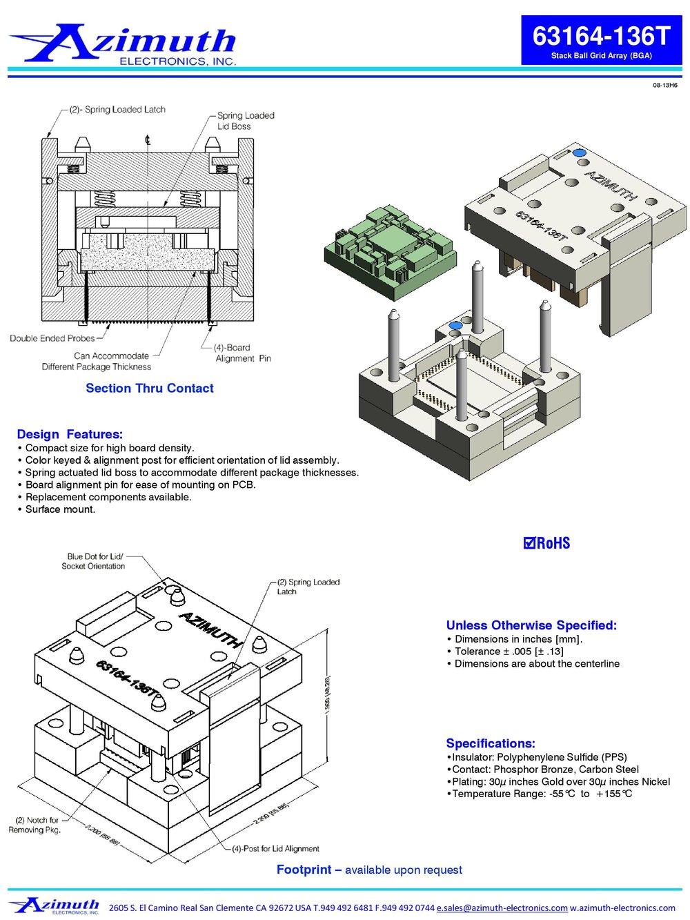 Azimuth Electronics makes 63164-136T Stack Ball Grid Array (BGA) Socket ...