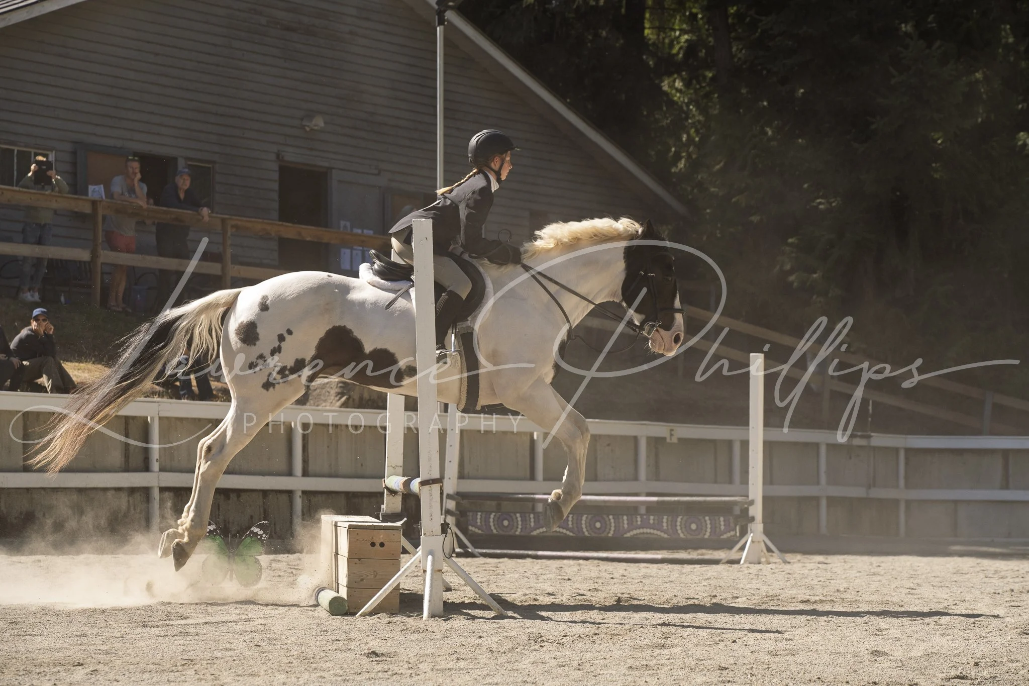 Rider and piebald horse clearing a jump through backlit dust at CIEC 2026.