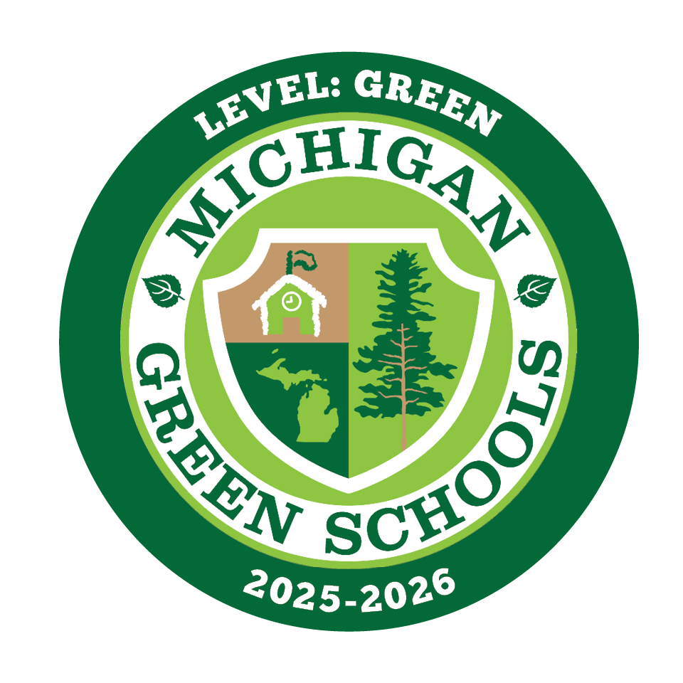 Green circle with the words Level:Green Michigan Green Schools 2025-2026