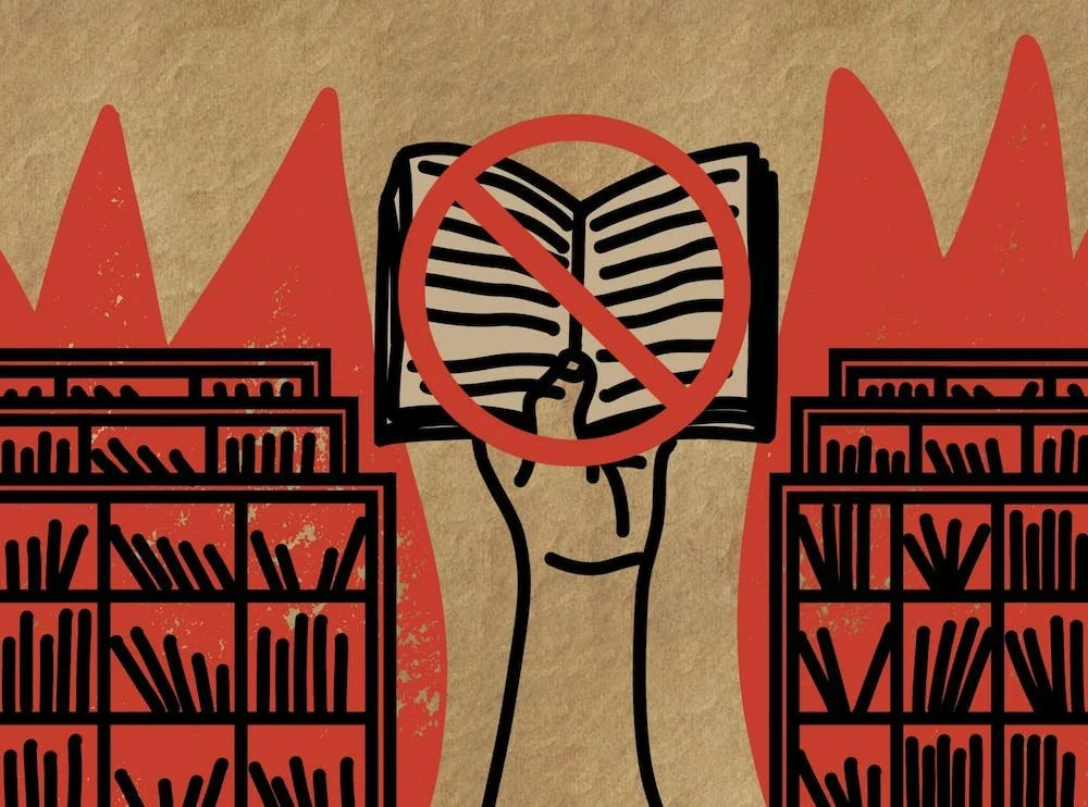 An illustration on tan paper with a outstretched hand holding a book open with red crossed symbol on the book. On the sides bookshelves are burning.