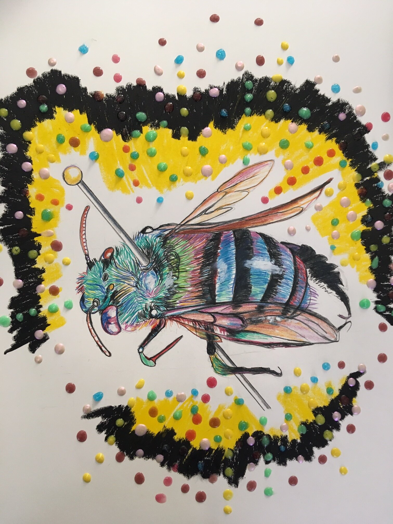   Green Bee  2020 colored pencil and mixed media on Arches paper 24” x 18” 