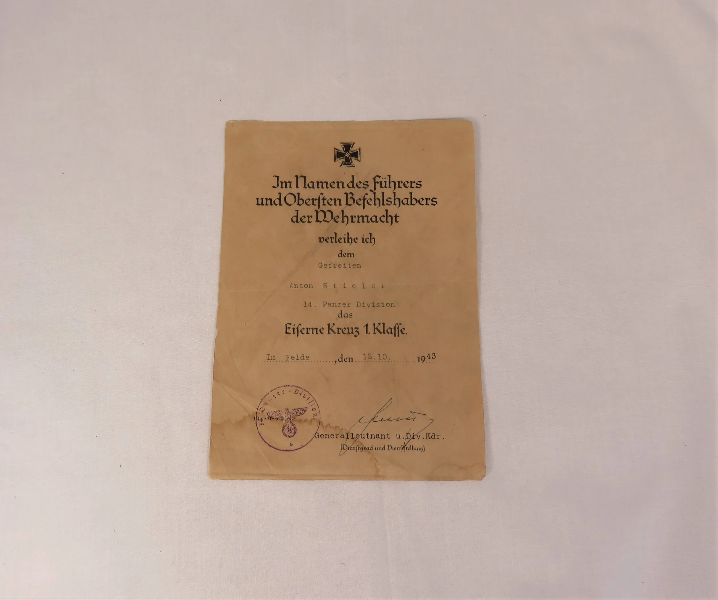 Germany.  Iron Cross, 1st Class Award document