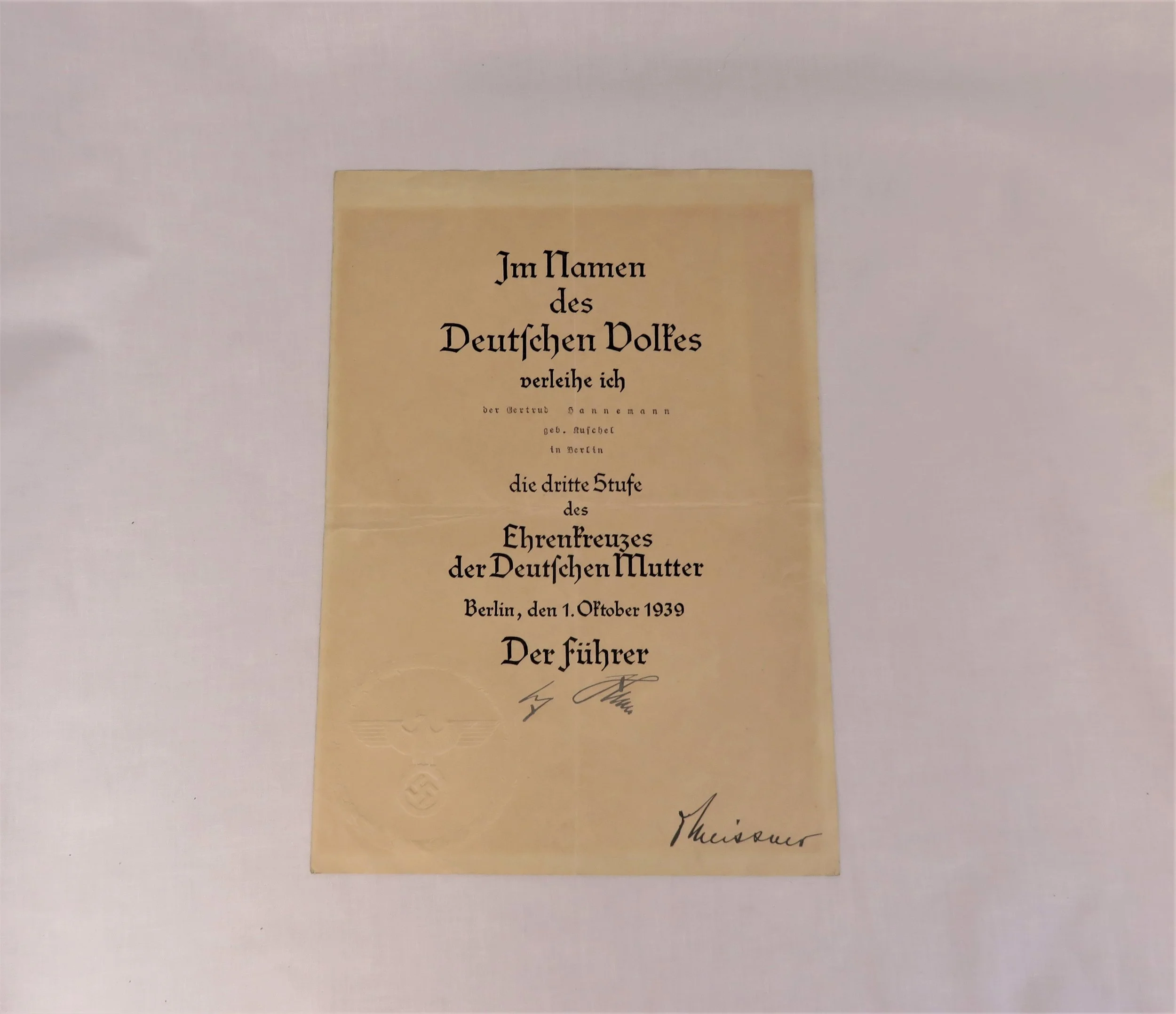 Germany.  Cross of Honor of the German Mother in Bronze Award Document