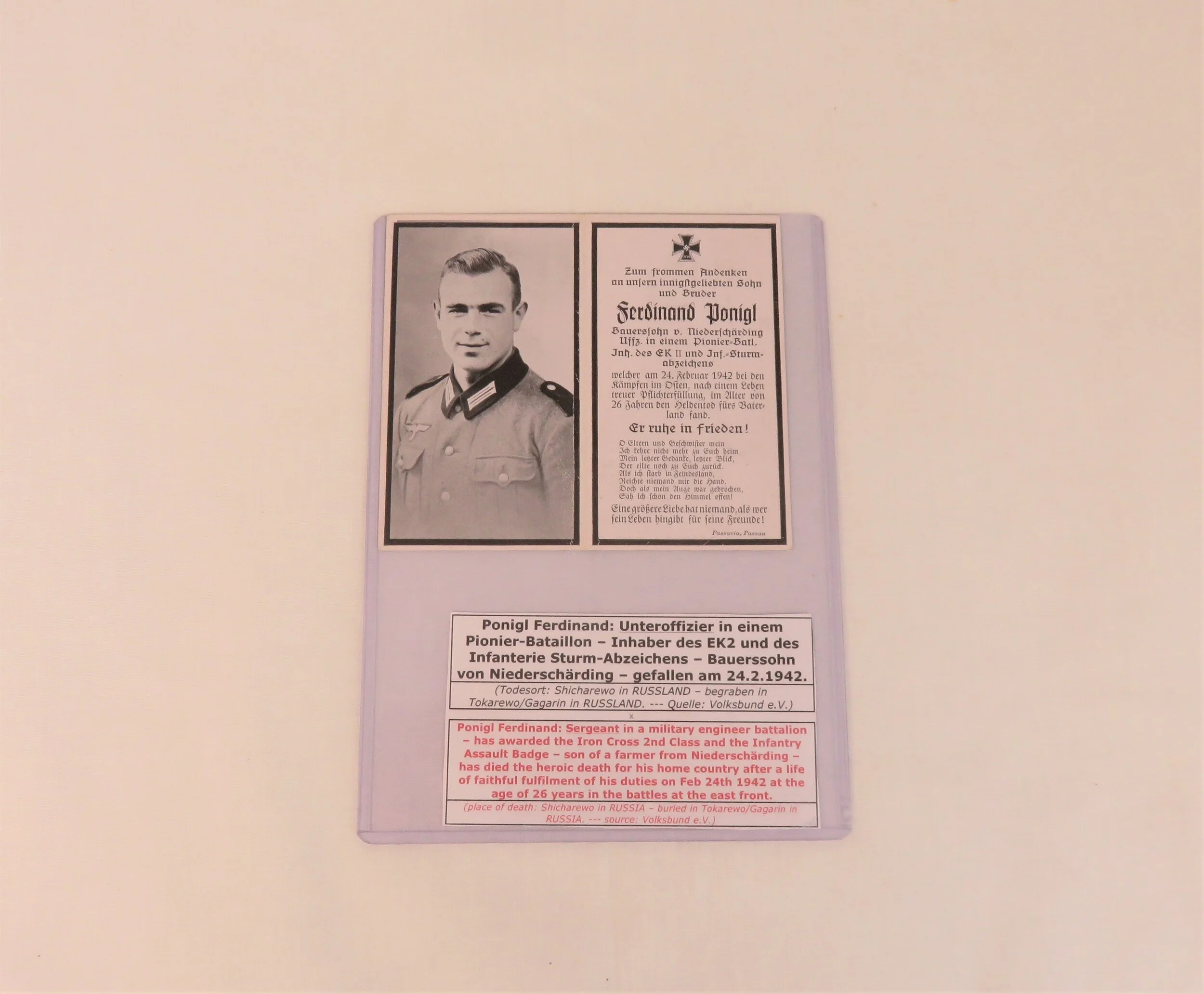 Germany.  Heer Death Notice, Ponigl Ferdinand