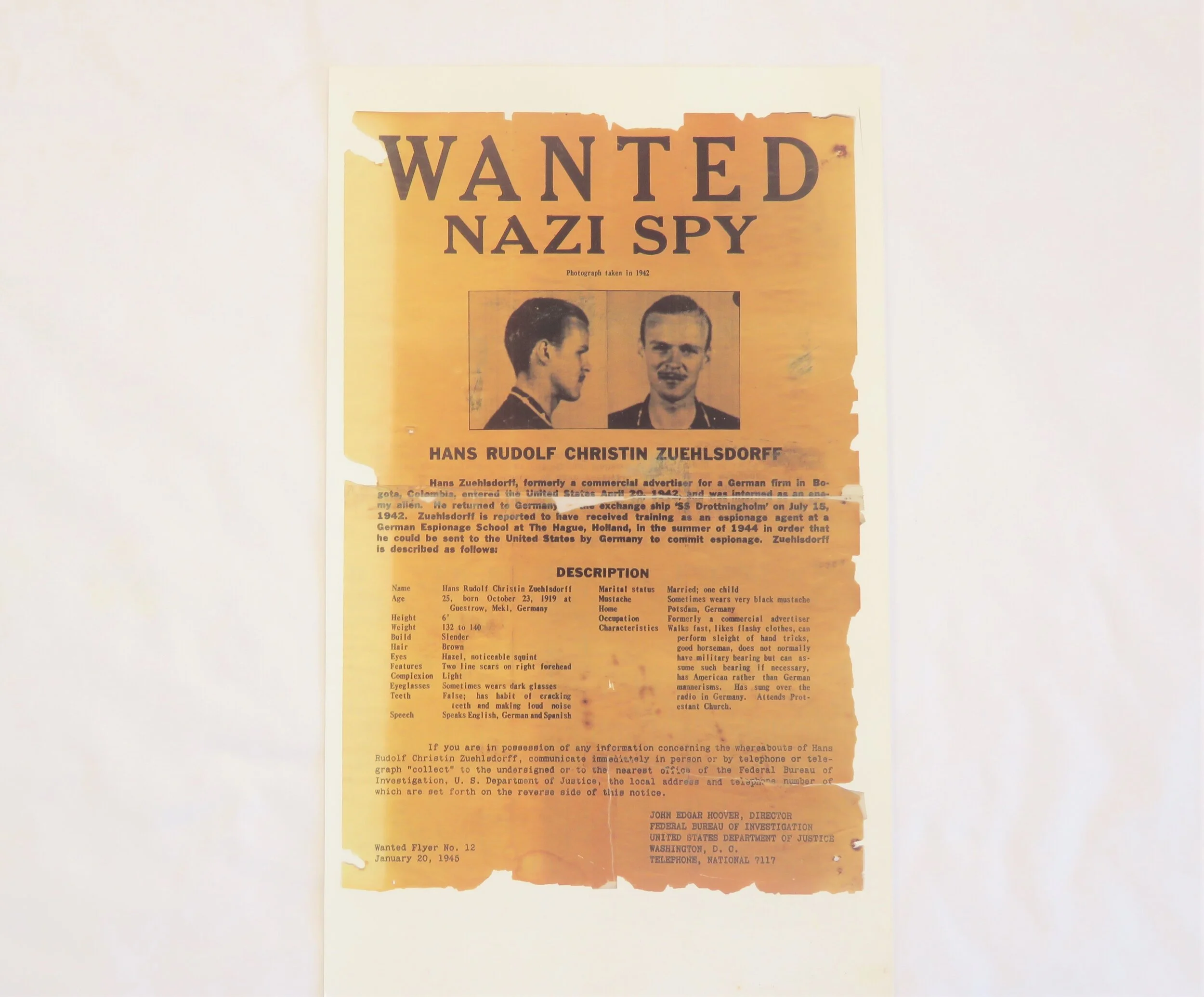 U.S.  FBI "WANTED" Poster for Nazi Spy Haas Zuehlsdorff