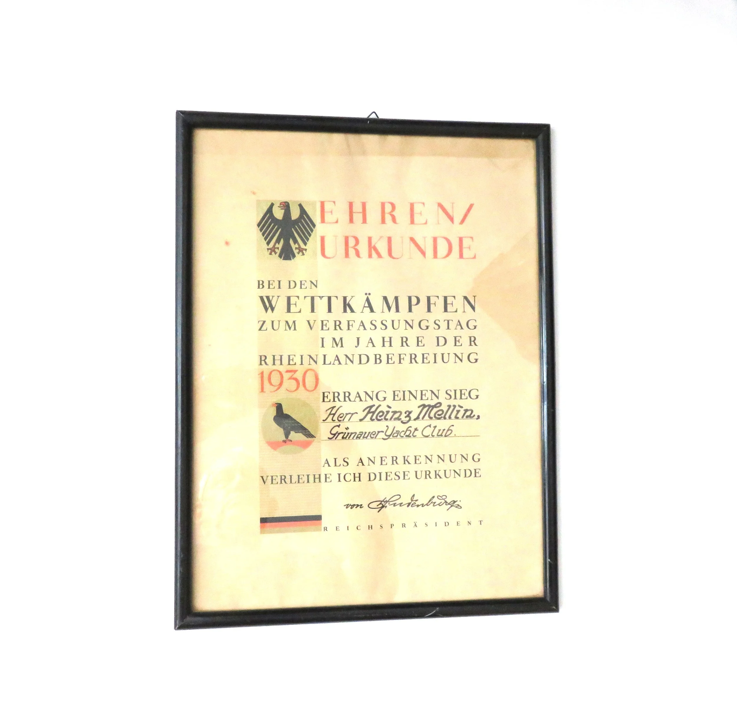 Germany.  Yachting Certificate signed by President Paul von Hindenburg