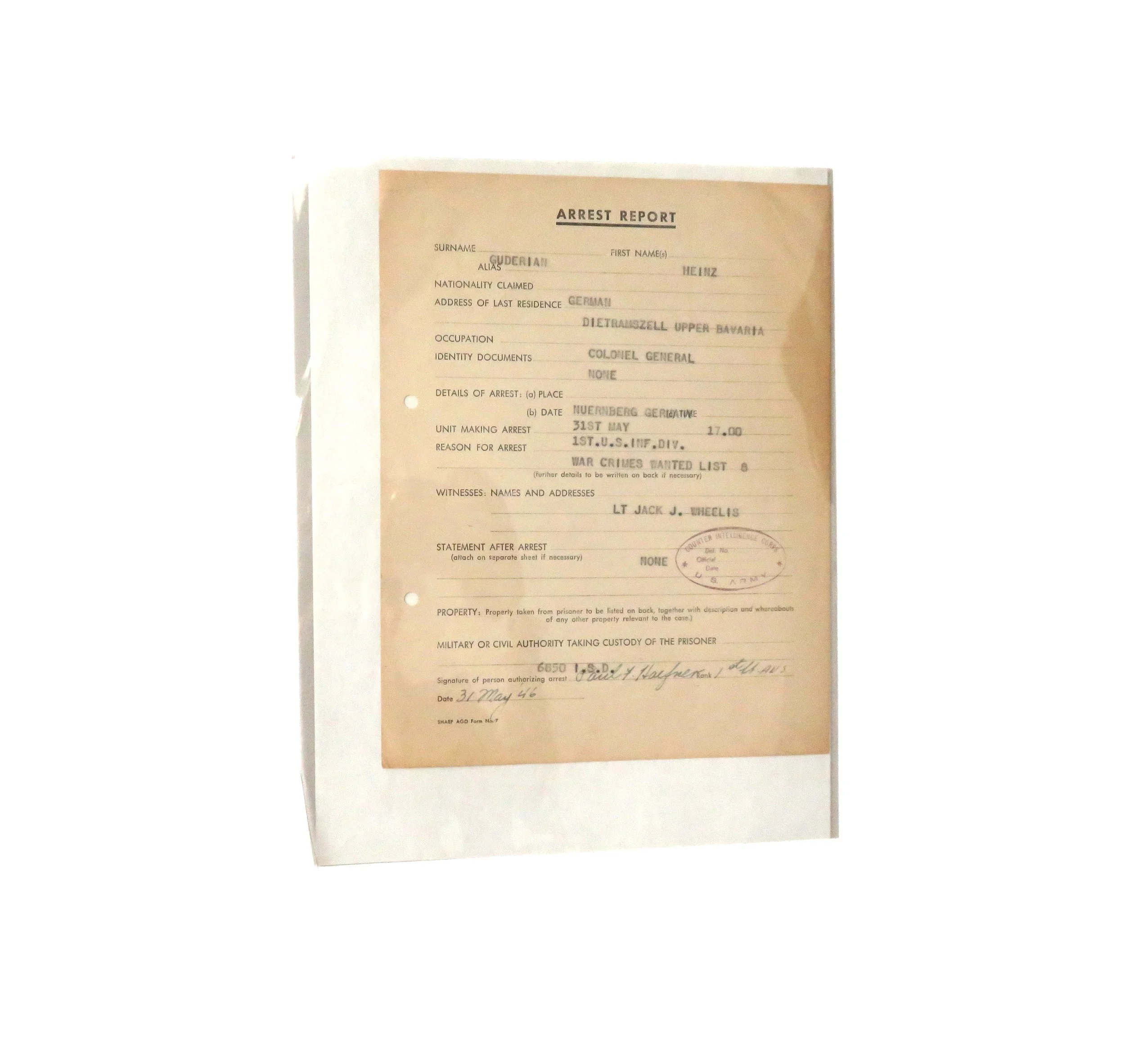 US Arrest Report for German General Guderian