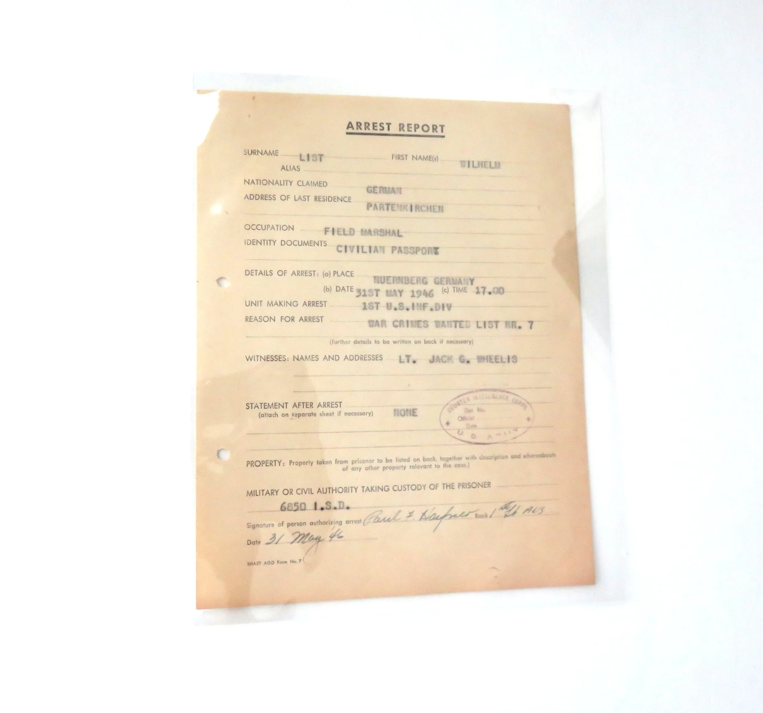 US.  Arrest Report for German Field Marshal List