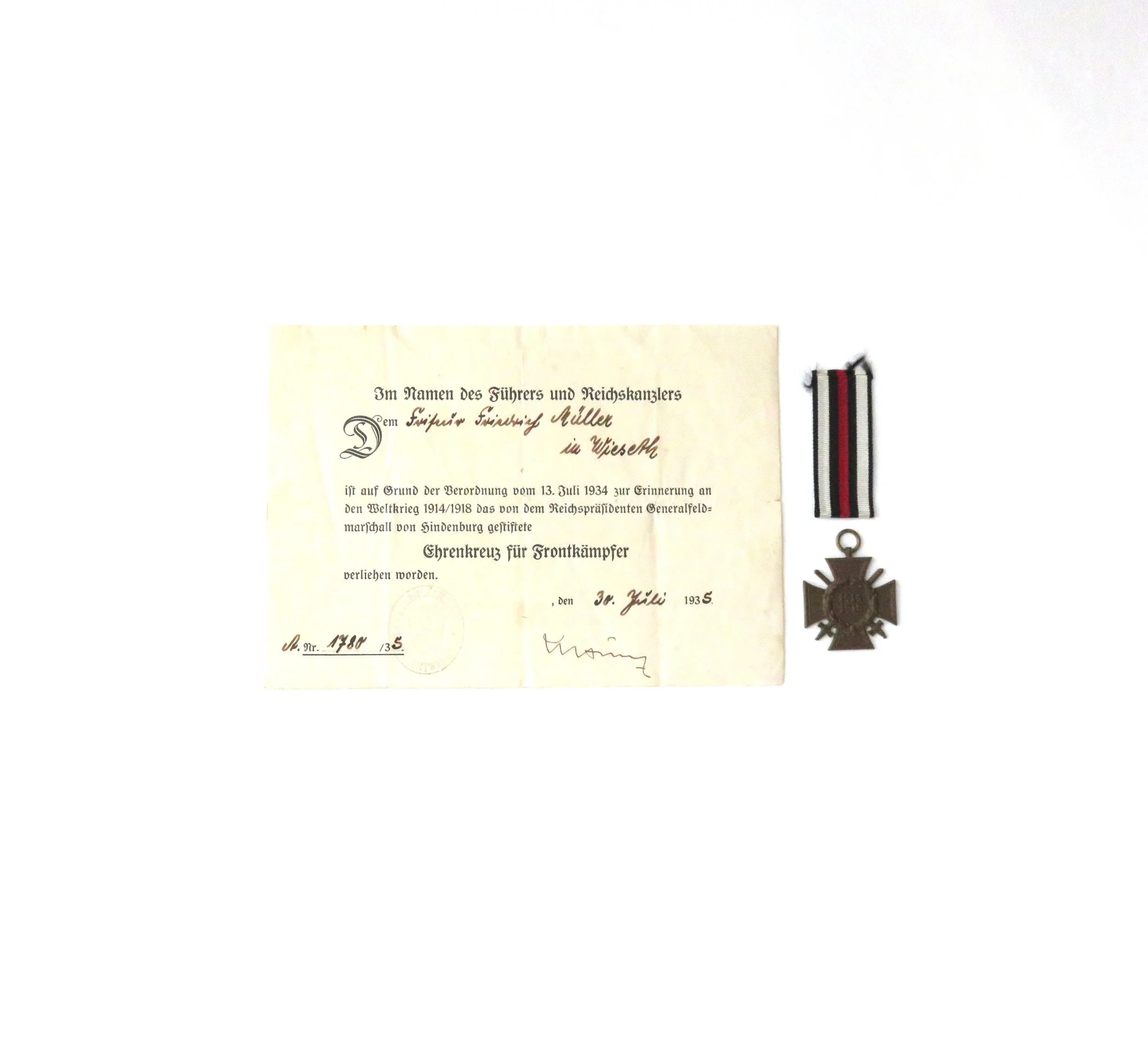 Germany.  WWI Hindenburg Cross for Combatants w/ Document