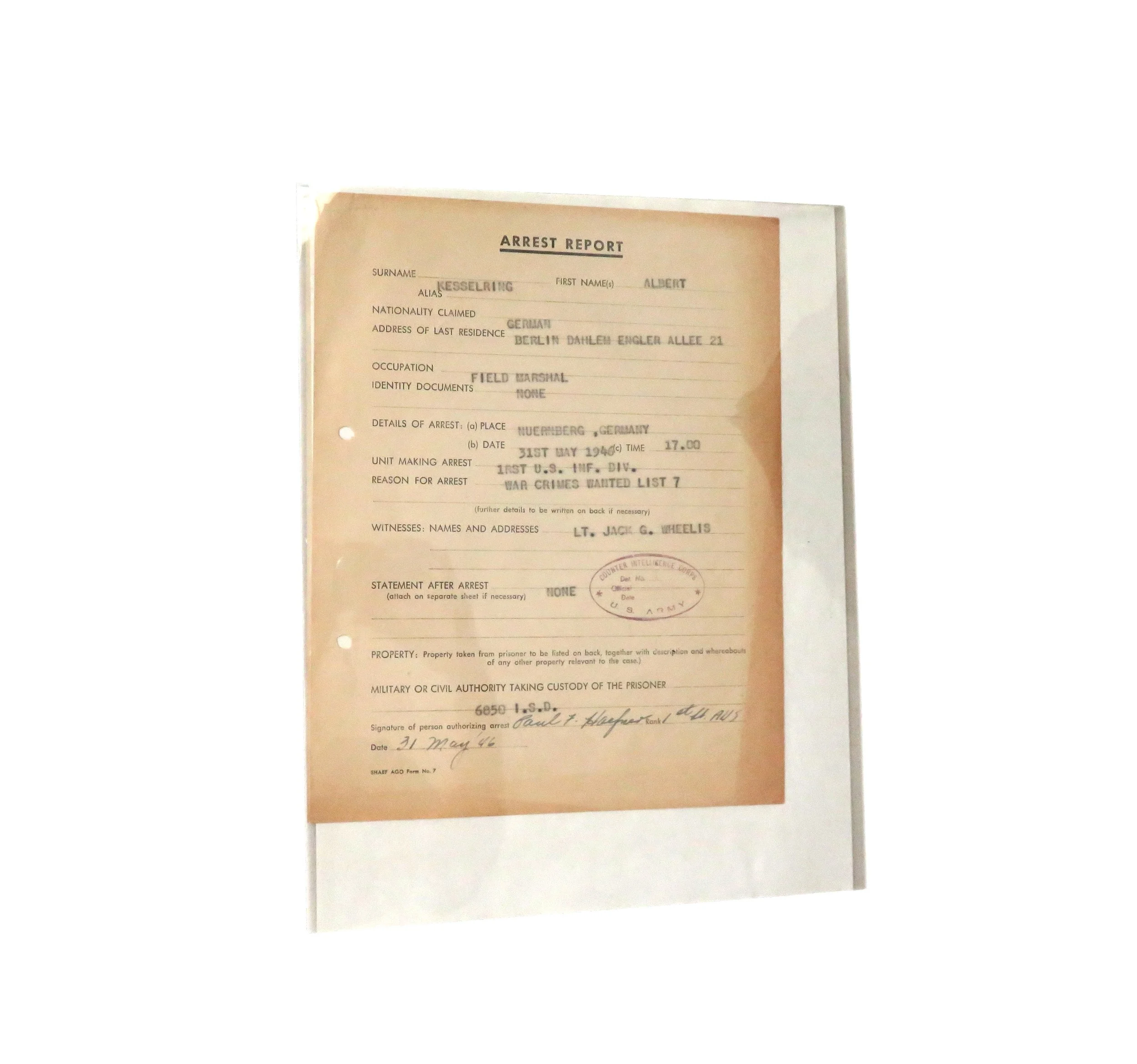 US.  Arrest Report for German Field Marshal Kesselring