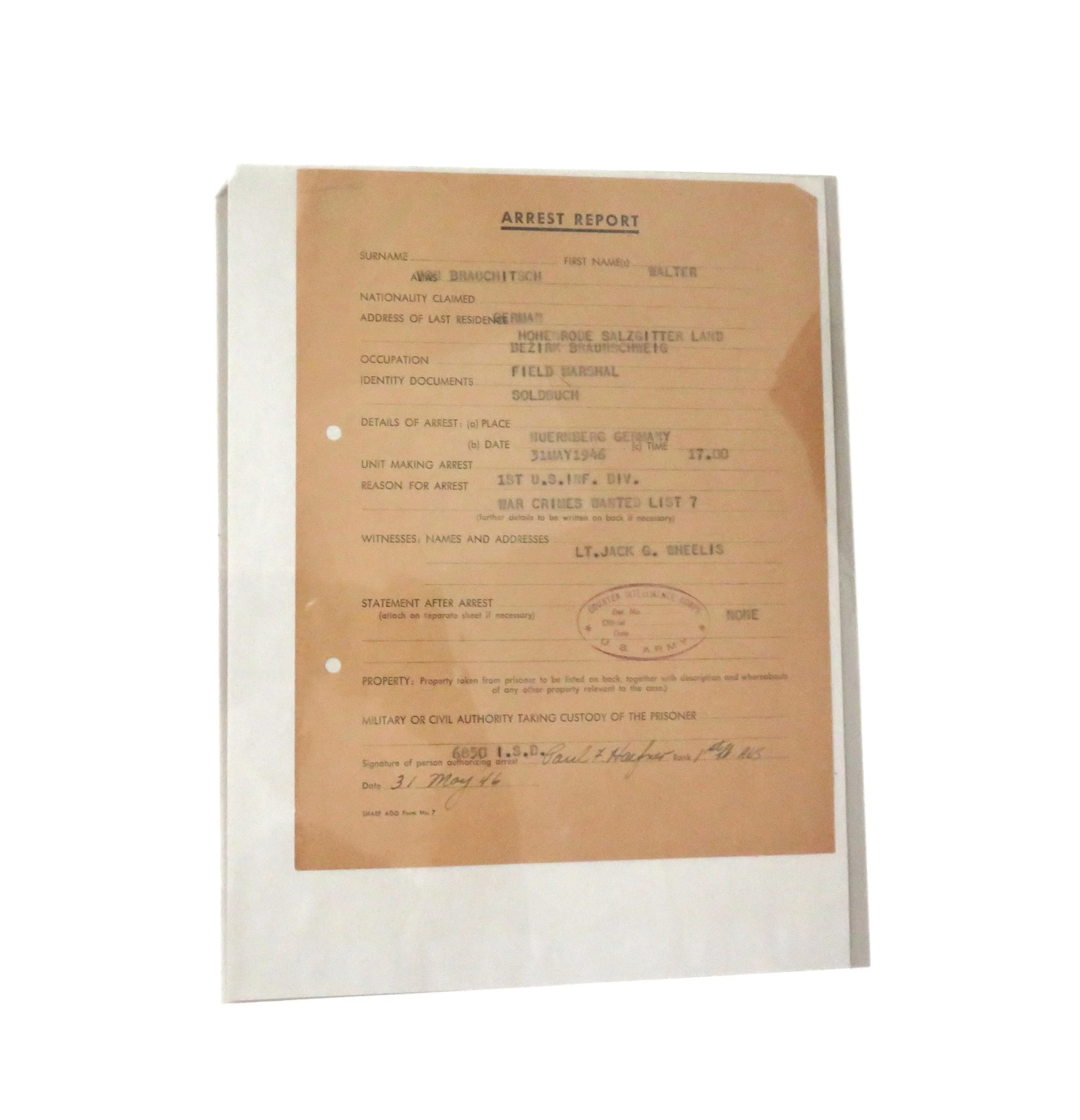 US.  Arrest Report for Field Marshal Von Brauchitsch