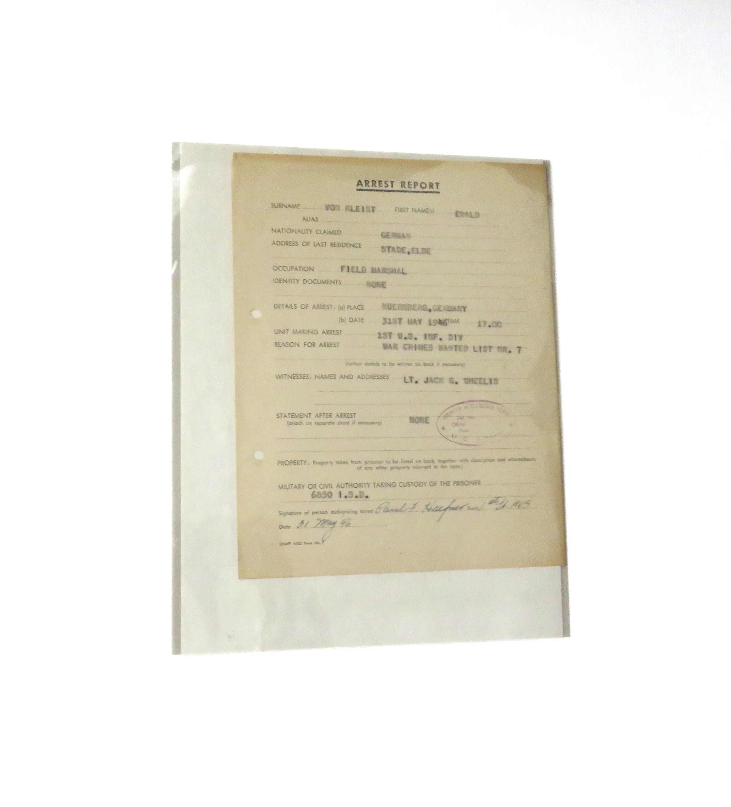 US.  Arrest Report for German Field Marshal Von Kleist
