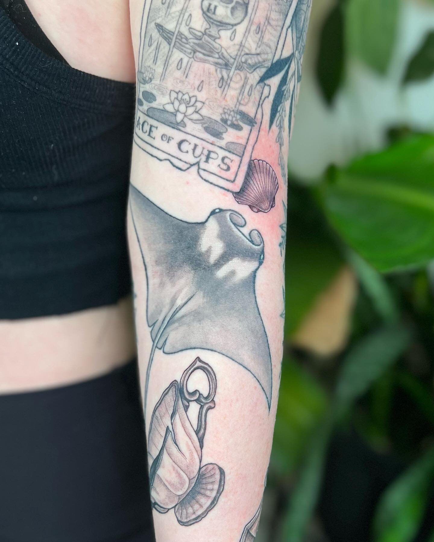 manta ray
healed manta ray and tarot cards for kaitlyn. fresh shell and tea cup. having so much fun piecing together this sleeve with her!
&bull;
#RayCorsonTattoo 
#DallasTattooArtist 
#TexasTattoos
#FemaleTattooer 
#MantaRay 
#MantaRayTattoo 
#Shell