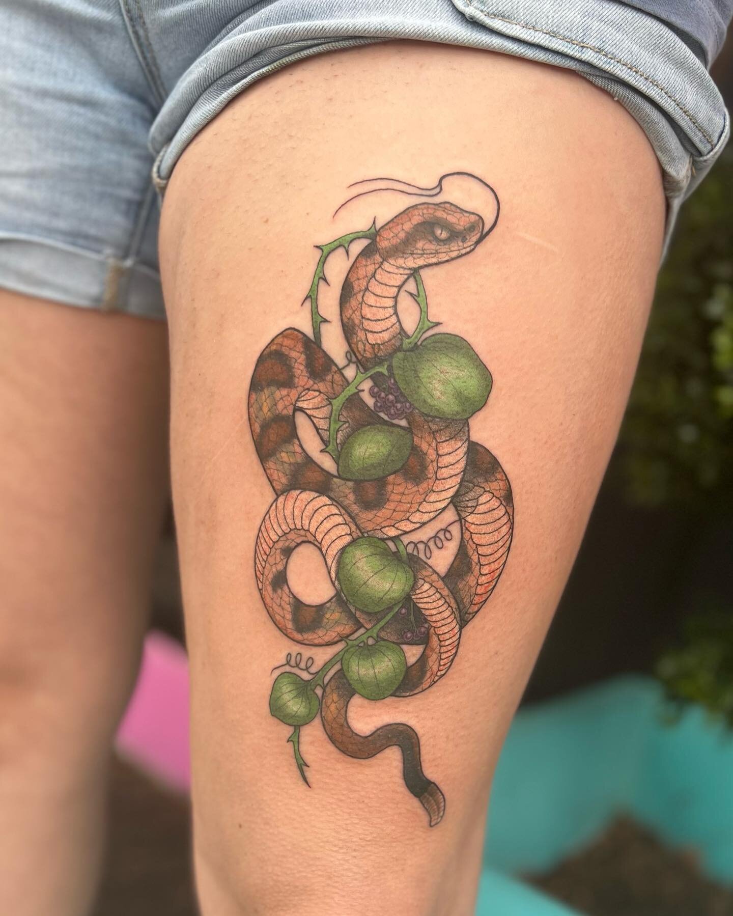 Timber rattler + greenbrier 
Loved making this snake tatty for Coline during my guest spot at @black_rabbit_tattoo 
&bull;
#RayCorsonTattoo 
#DallasTattooArtist 
#TexasTattoos
#FemaleTattooer 
#SnakeTattoo 
#TimberRattlesnake