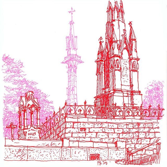 Toowong Cemetery with some urban sketching friends, looking up towards the hill top. I was taken by the beautiful memorial to Willie aged 21 in the foreground on the left. Governor Blackall&rsquo;s obelisk in the centre and the large obelisk of the p