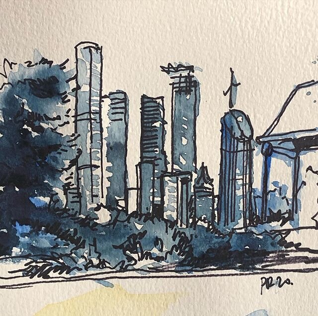 Here is some practice to get back into watercolour. This was painted from memory last night, no set-up just paint, and I added some sharpie lines this morning. This is the city view from Trammies&rsquo; corner again. I will keep practicing. | 2020 |