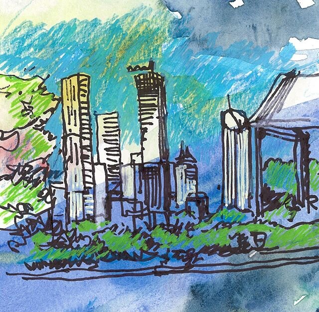 Another experiment of the city view from memory drawn over my practice water colour trying to remember which colour is which in my palette. The Posca pens helps give more clarity. I think the number of tall buildings is more correct here. This is goo