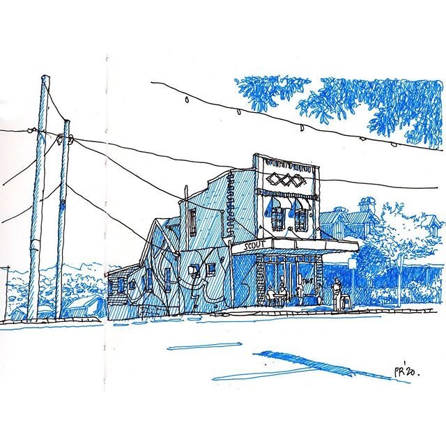 I felt the rain from last week gave me some unfinished business with SCOUT Cafe. As I drive past it every day, it is easy to revisit and I wanted to do a drawing that did it justice. This time I chose black and blue gel pens. I do not know why. For t