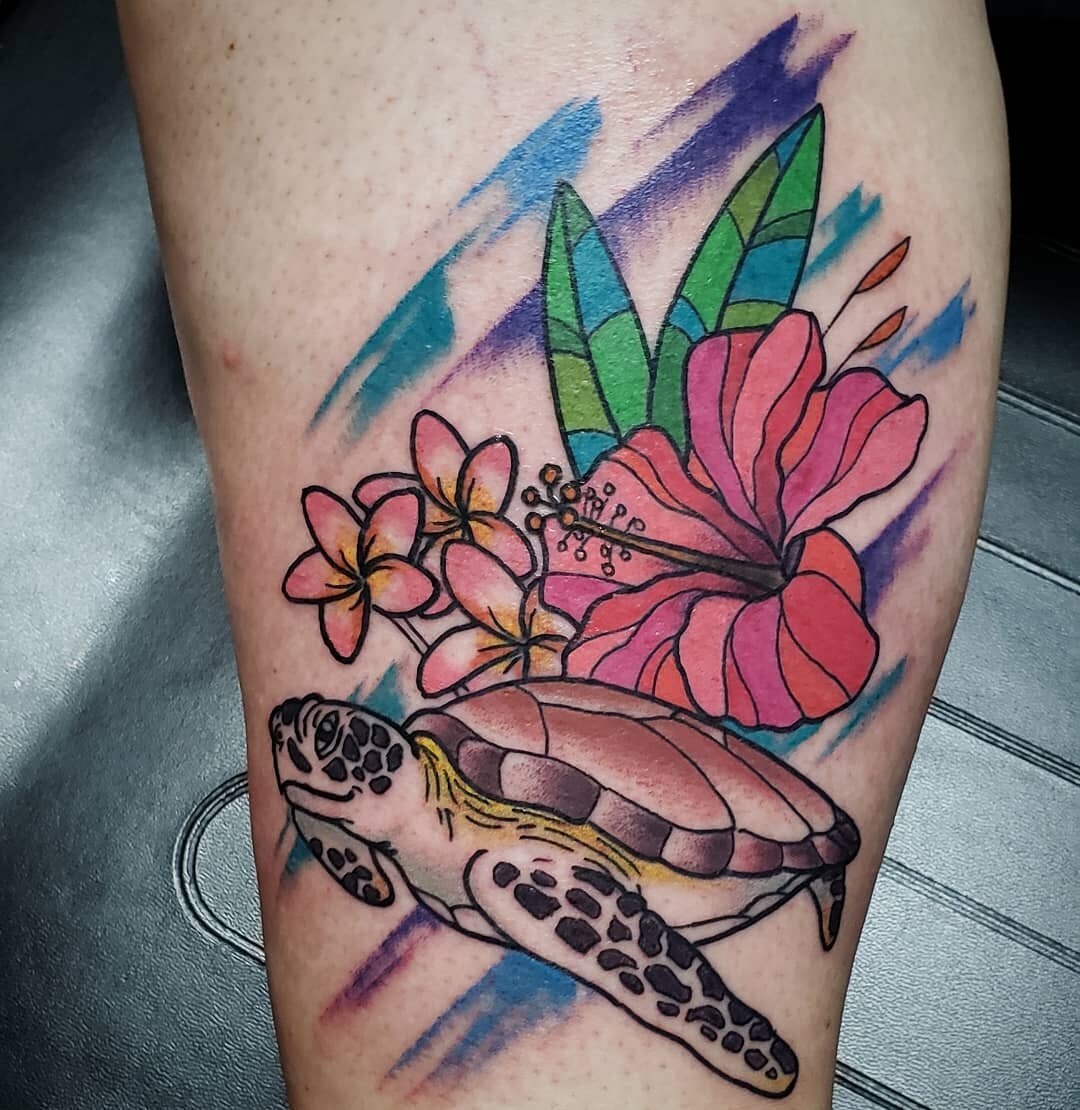 Polynesian style turtle tattoo with pink and purple plumerias  by Bry   Maui Tattoo Artist at MidPacific Tattoo  MidPacific Tattoo