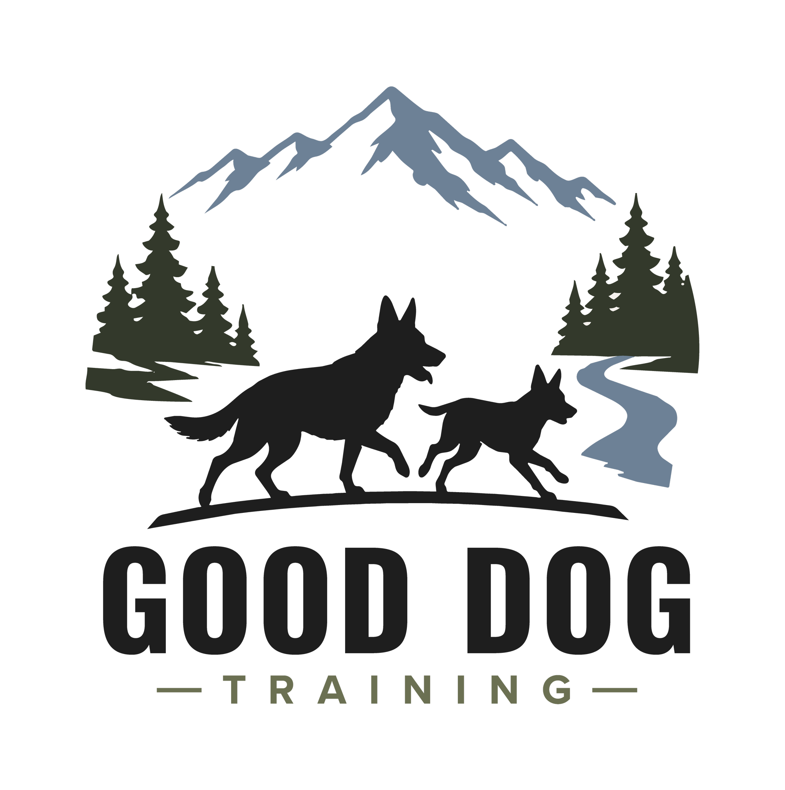 Logo of a mountain with trees at its base and a winding river and the silhouette of two dogs, with the text 'Good Dog Training' beneath.