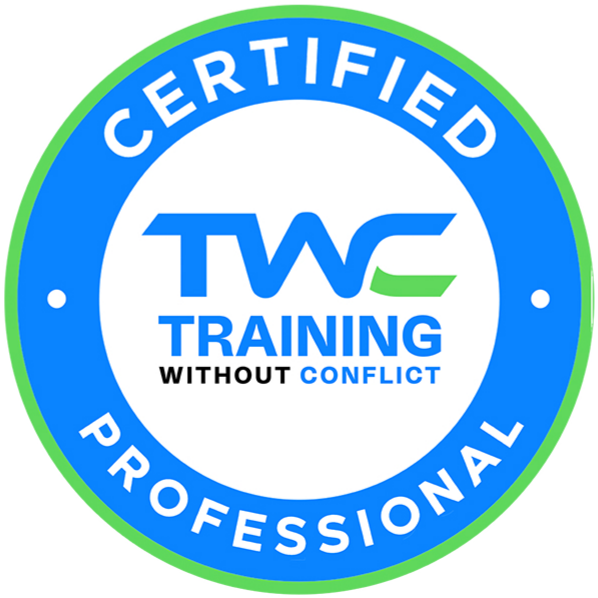 Certified TWC training badge with blue and green circular border, includes TWC logo and slogan "Training Without Conflict."