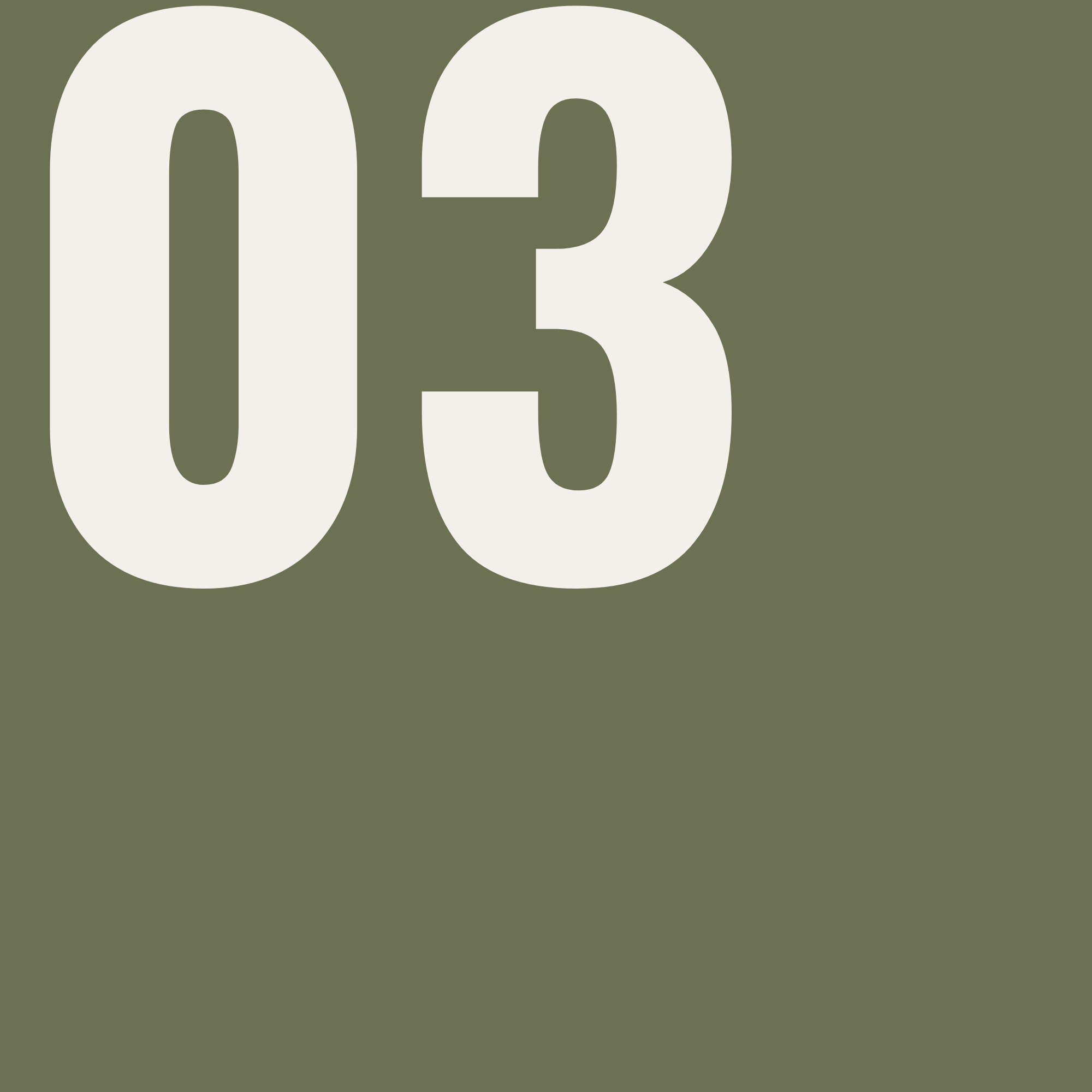 Close-up of a large number 03 printed in white on a muted green background.