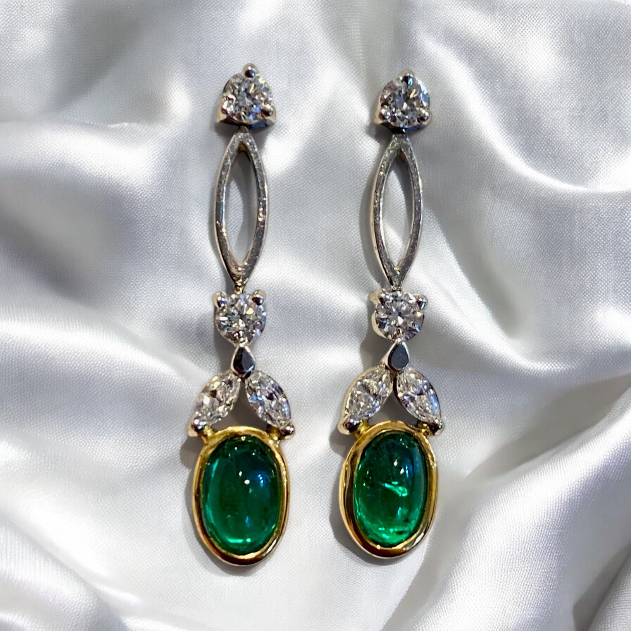 Cabochon Emerald and Diamond Drop Earrings