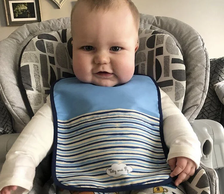 Blue waterproof hand drawn marine stripes toddler bib