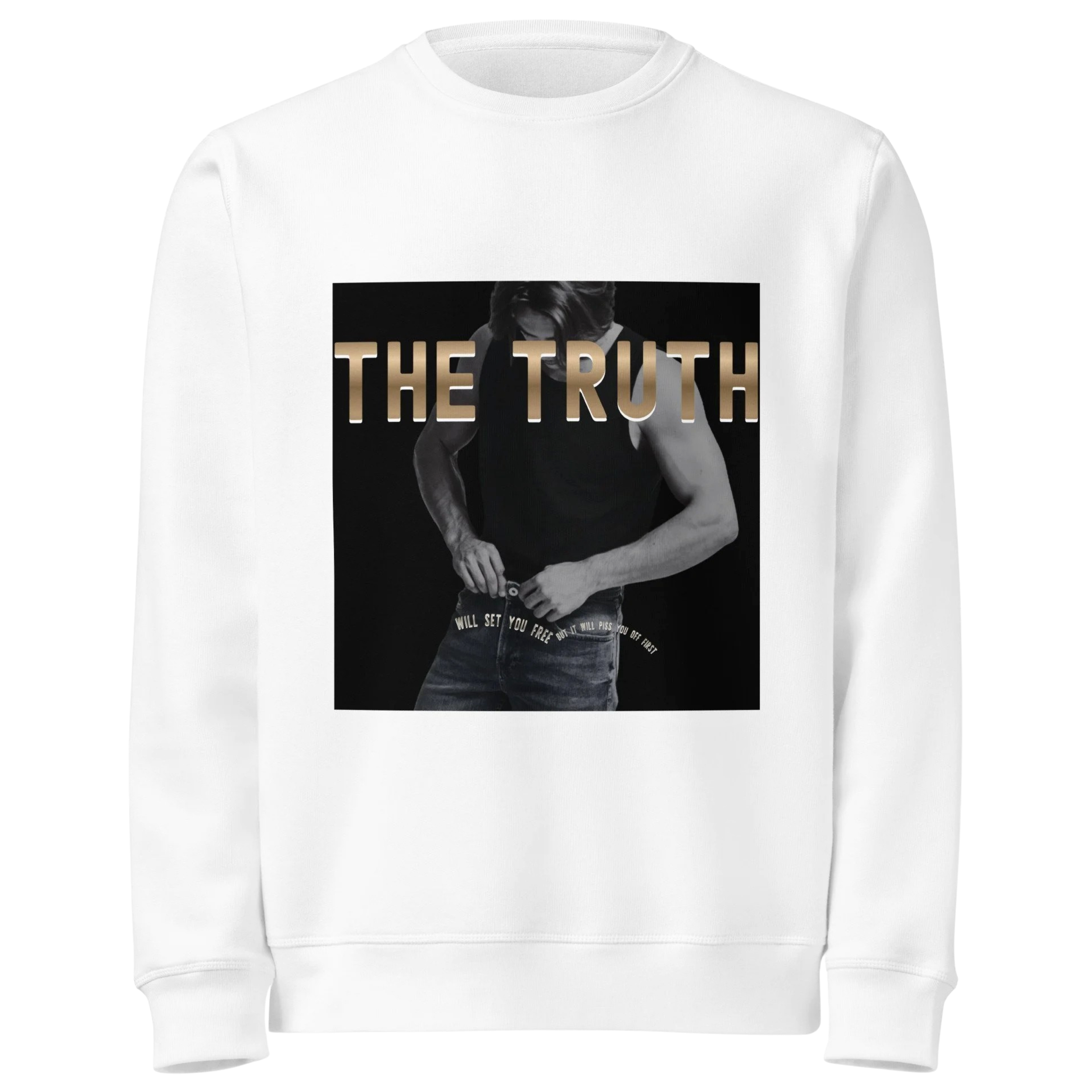 AERYNA M FREED Long Sleeve Crew Neck Truth Men White Cotton Pullover Top Print Tee Rocker T Shirt