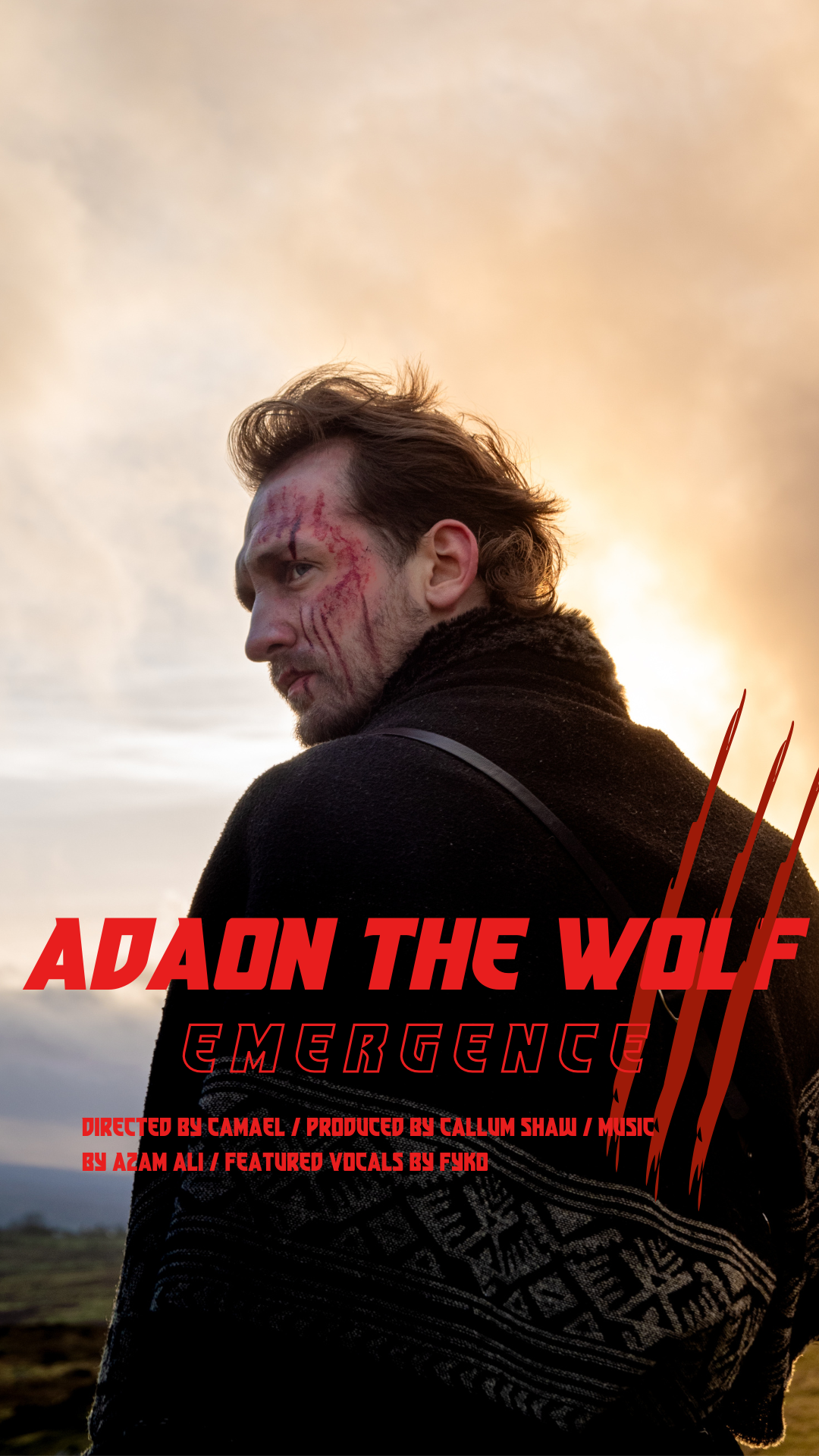 A man with face paint and a dark sweater standing outdoors at sunset with text for 'ADON THE WOLF EMERGENCE' and credits for director, producer, music, and vocals.