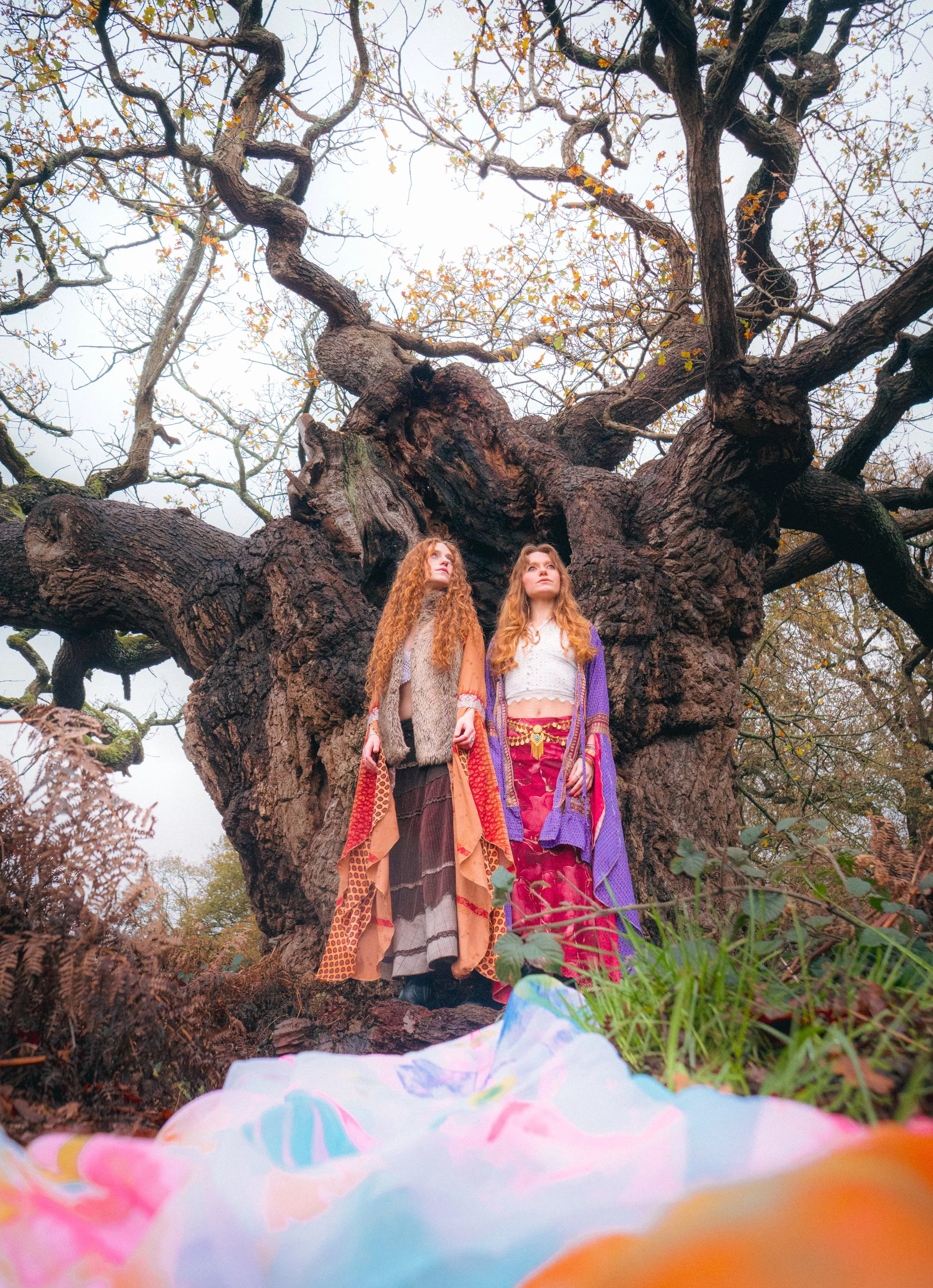 Two young women standing under a large, gnarled tree with bare branches and a mostly cloudy sky. They are dressed in colorful, bohemian-style clothing.