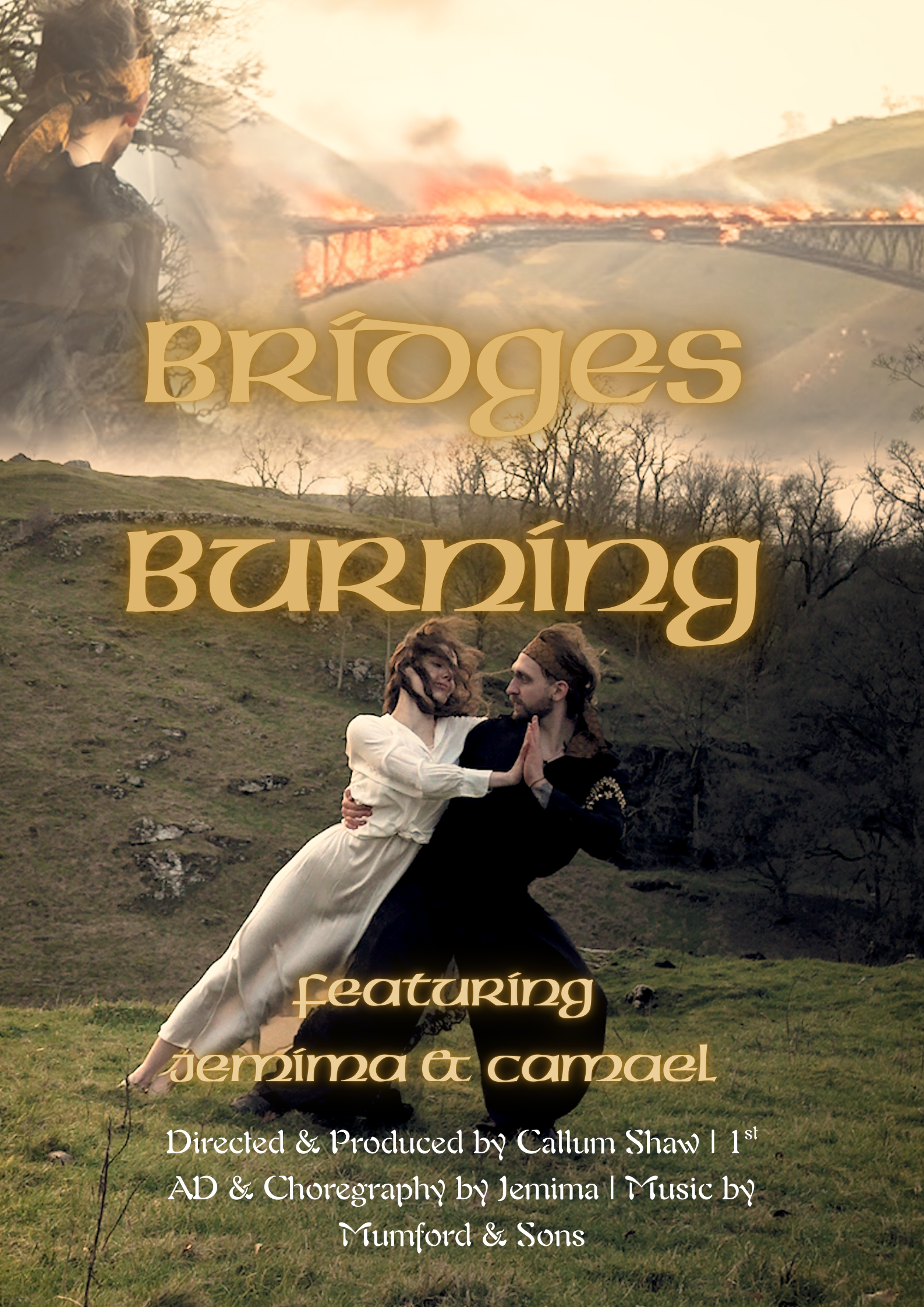 A dramatic scene with a burning bridge in the background, a woman in white and a man in black performing a dance in a grassy field, with historical clothing and a fiery sky.